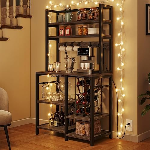 Miniatura 3 de Estante para panaderos de 6 niveles con estación de barra de café Power Soporte para copas de vino y soporte para horno de microondas, color gris,