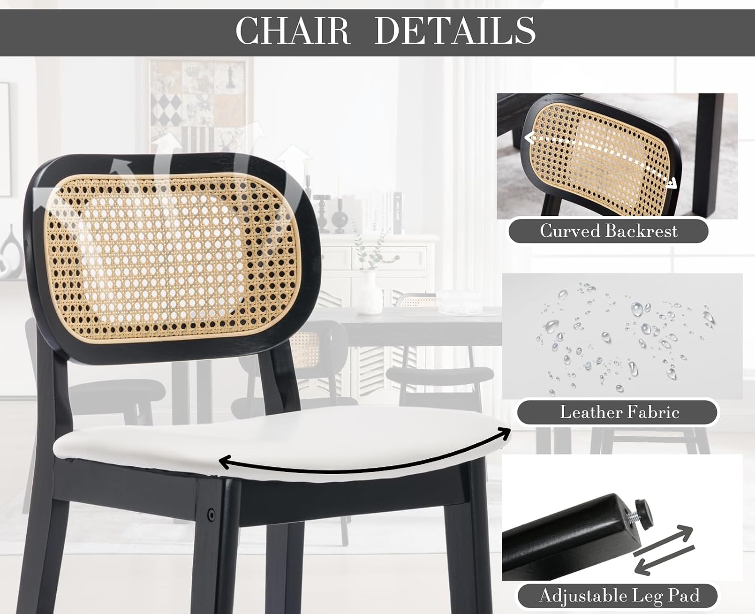 CIMOTA Farmhouse Counter Height Bar Stoos Set of 2 Rattan Back Boho Stools for Kitchen Island 26 Inch Bar Chairs Wooden Barstools, Black Wood/PU Leather White