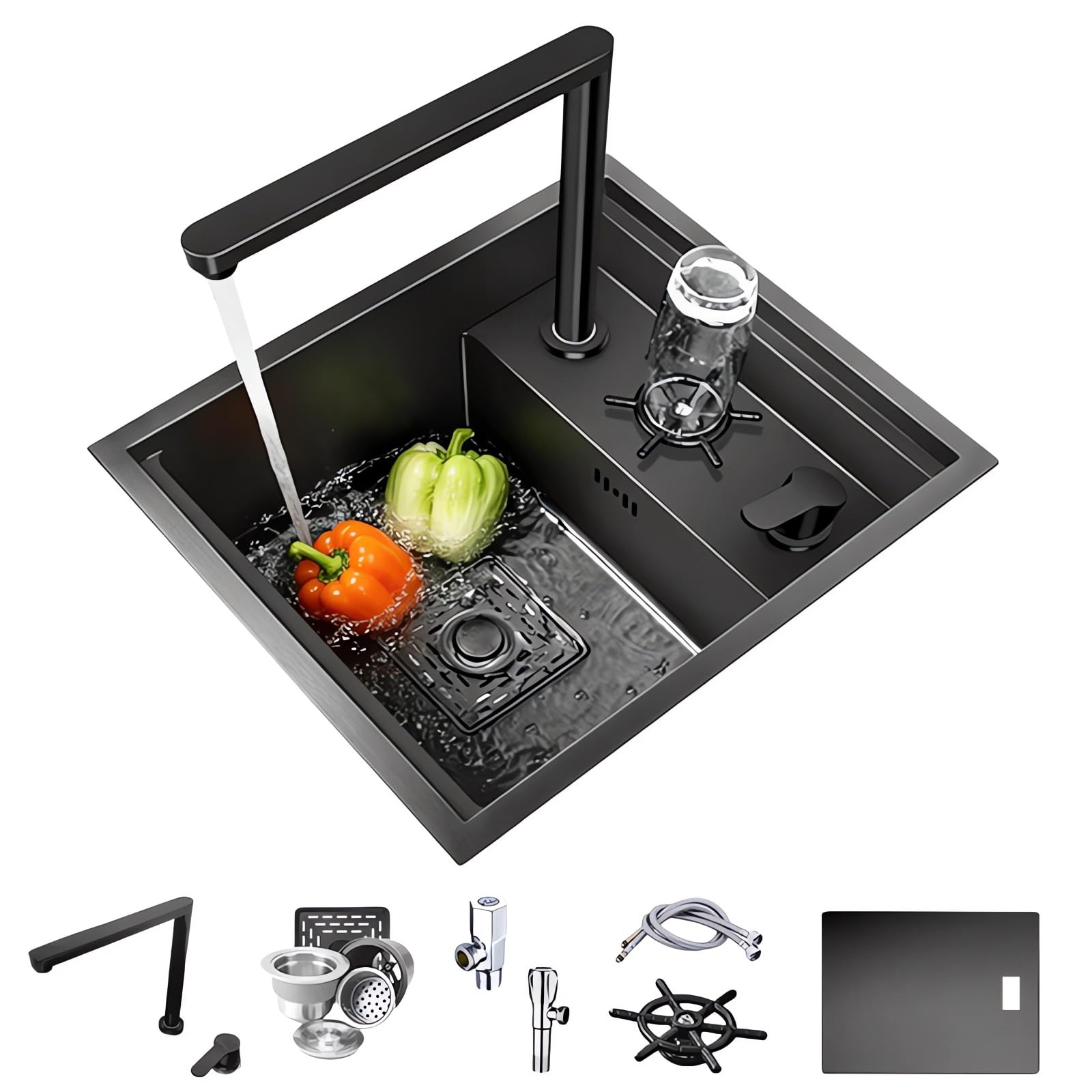 Évier de cuisine noir invisible à poser sur/sous comptoir pour bar de camping-car avec robinet pliable intégré, petit évier simple en acier inoxydable (noir/C, 45 x 50 cm)