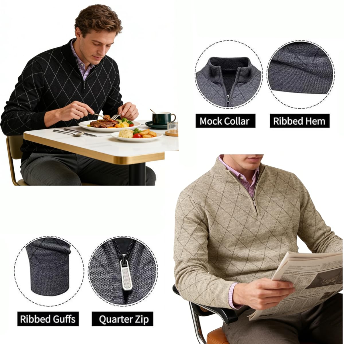 Jinsha Jersey Hombre Cuello Alto Primavera Invierno Sweater Pullover con 1/4 Cremallera Punto Moda Gris Negro Cálido Sueter para Hombre Suéter Ropa