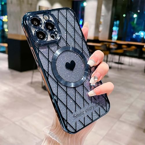 Miniatura 4 de Funda magnética para iPhone 13 Pro Max, compatible con Magsafe, con purpurina transparente de corazón, red de red, delgada, suave, protector de