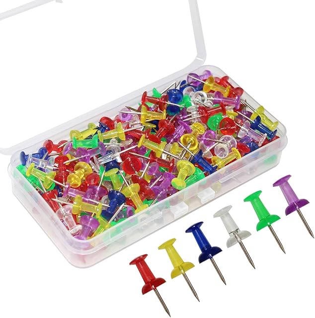 OKVGO 150 Pieces Push Pins with Plastic Heads and Steel Points Thumb Tacks for Map Cork Notice Board Transparent Multicoloured
