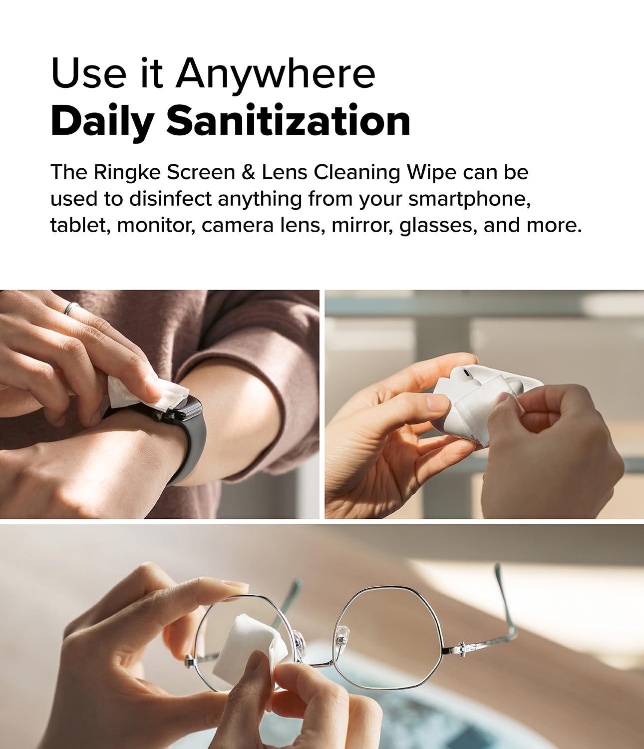 Ringke Lingettes Nettoyantes [200 pcs] – Lingettes Pré-Humidifiées Antibactériennes pour Smartphones, Appareils Photo, Lunettes et Écrans d’Ordinateurs, Emballées Individuellement