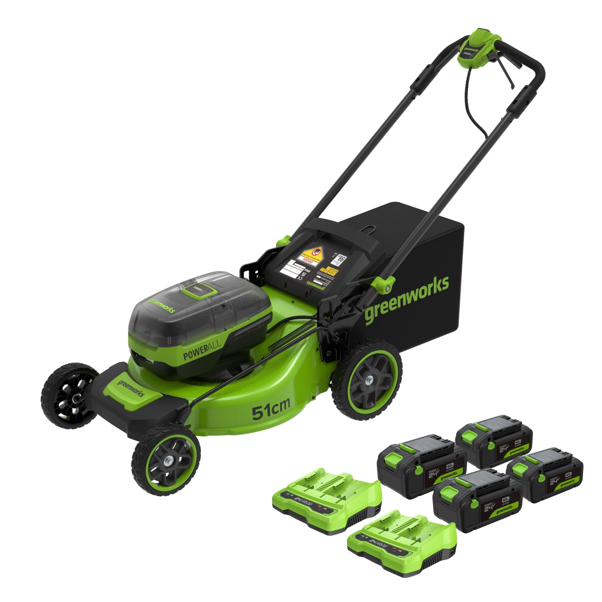 Greenworks 24Vx4 Cortacésped Li-Ion Autopropulsada, 51cm Ancho de Corte, hasta 1200m², 60L recogedor de Hierba, 7 ajustes Altura 25-100mm, +4 baterías 24V/4Ah +2 Cargador Doble, LM5112S