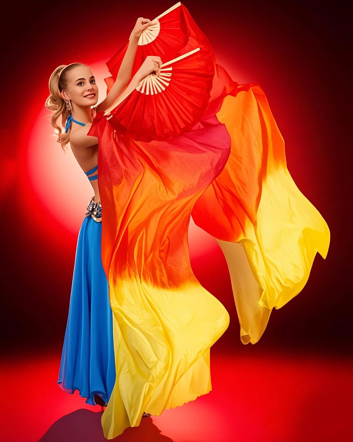 Thyle 4 Pairs 1.8 M Silk Fans Women Veils Belly Dance Fan, National Long Bamboo Fan Colors Artificial Silk Fans for Dancer Right Left Hand, 4 Styles - Image 4