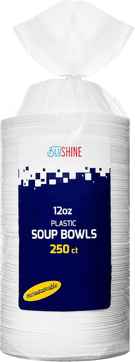 BluShine Plastic Bowls, Disposable Heavy Duty, Plastic Plates | 250 count 12 oz white disposable plastic soup bowls plates for cereal, salad, pasta, parties and everyday serving