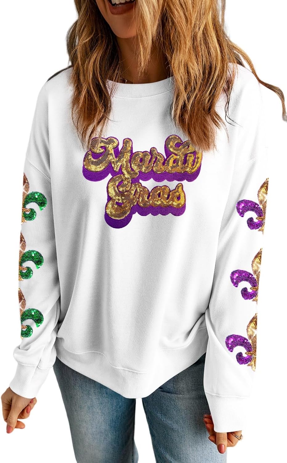 Ecosunny Women's Casual Holiday Mardi Gras Sweatshirt Sequin Print Round Neck Long Sleeve Loose Pullover Tops