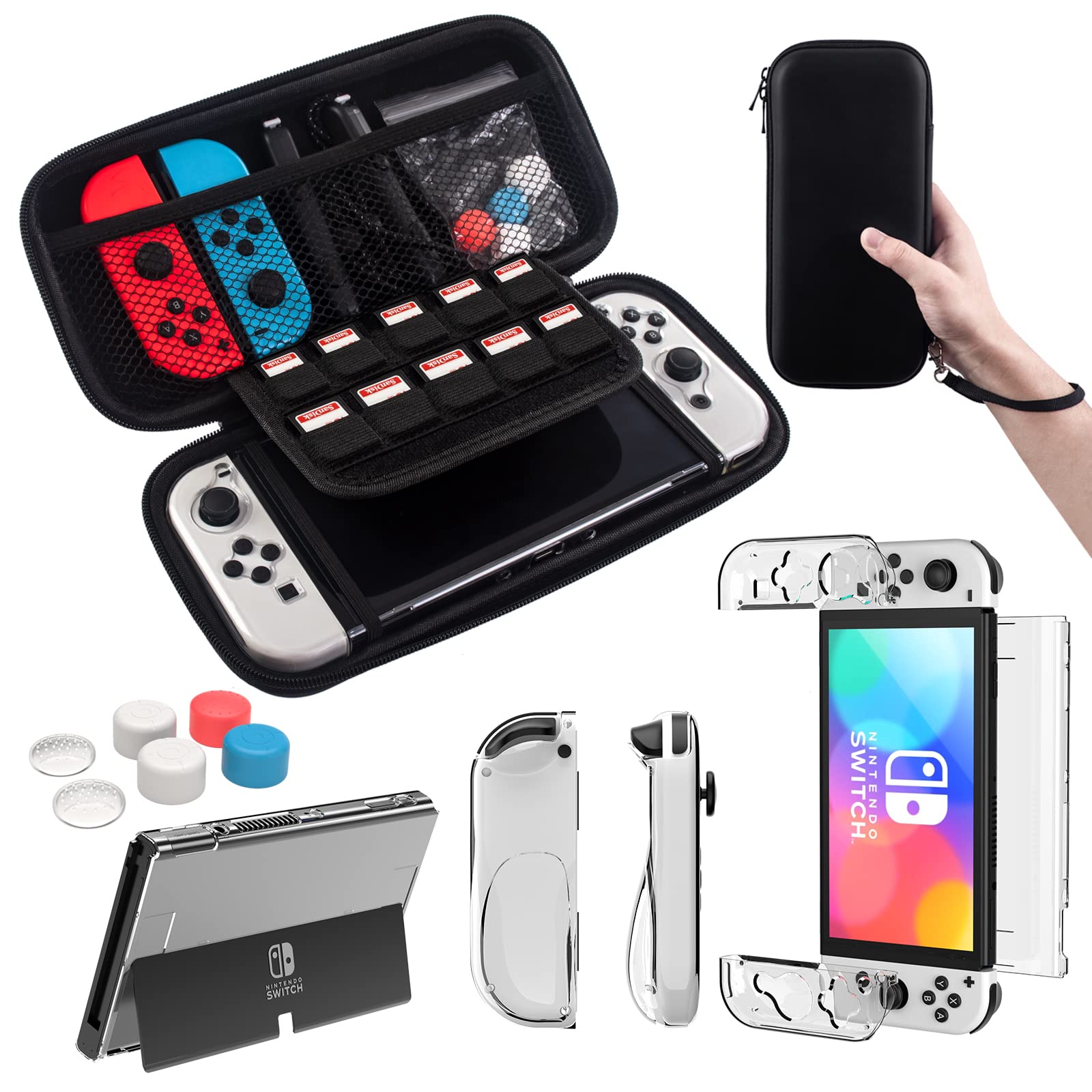 Teyomi Carrying Case Compatible with Nintendo Switch OLED Model 2021, Nintendo Switch Accessory Bundle with Case, Protective Film, Transparent Case for Nintendo Switch OLED, Case for Joy-Con Handle