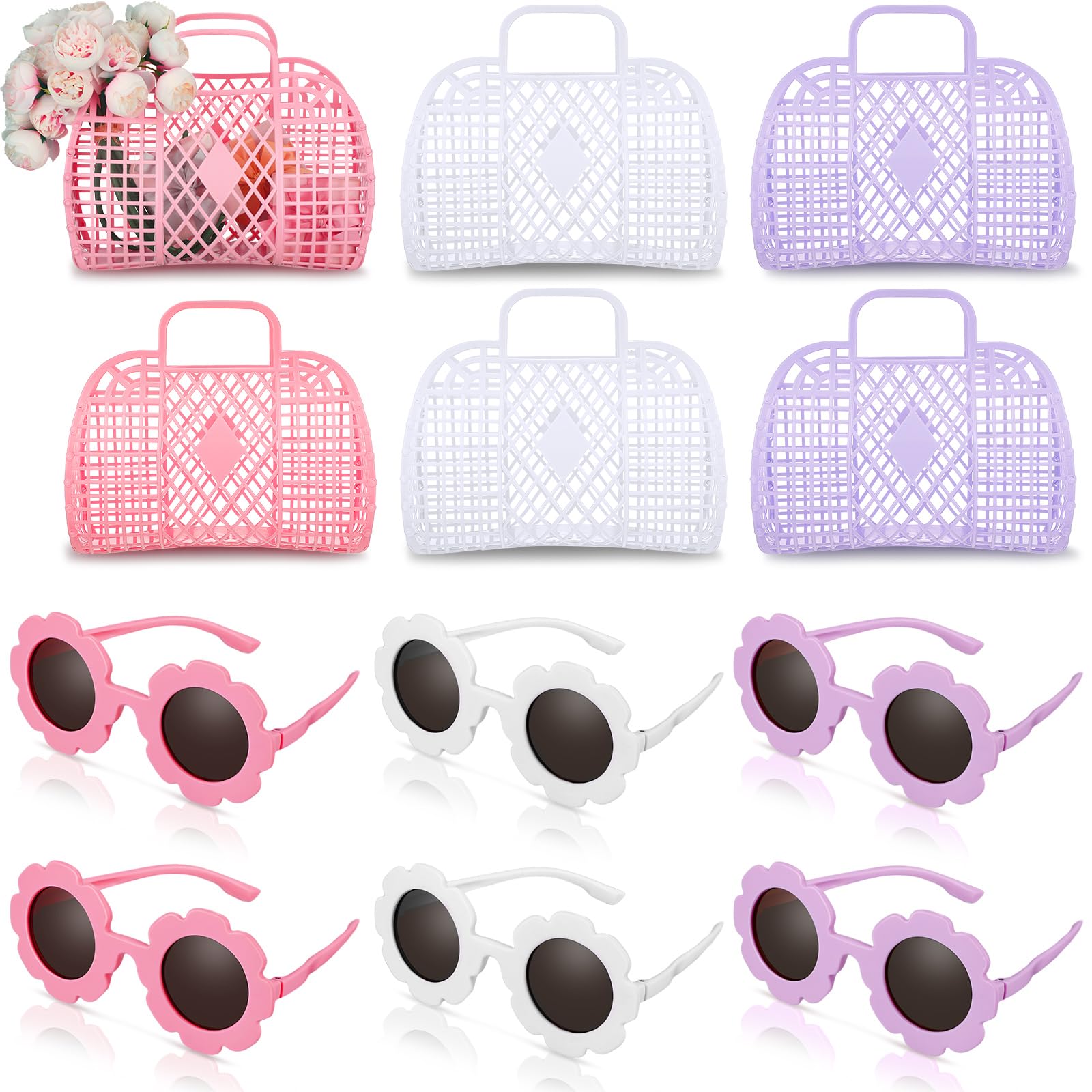 Sweetude 12 Pcs Jelly Bags with Sunglasses Jelly Purse Basket Reusable Tote Beach Handbags for Women Girls Kid