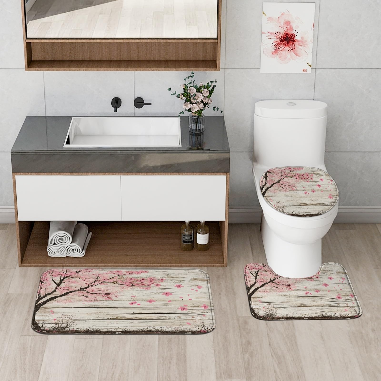 4 cortinas de ducha rústicas de cerezo en flor de primavera de 72 x 72 pulgadas con ganchos, juego de baño con alfombra de baño, cubierta de tapa de inodoro en forma de U, decoración de tela de baño