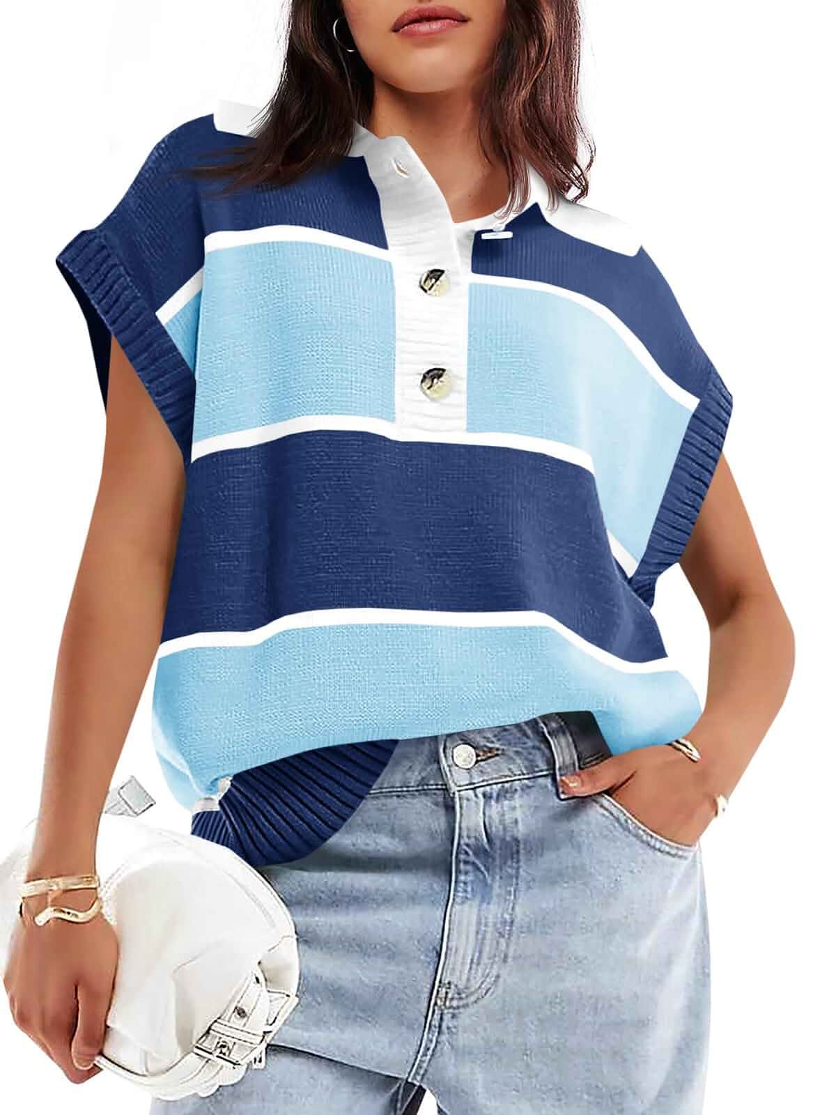 Saodimallsu Women's V Neck Button Down Striped Short Sleeve Knit Sweater Cap Sleeve