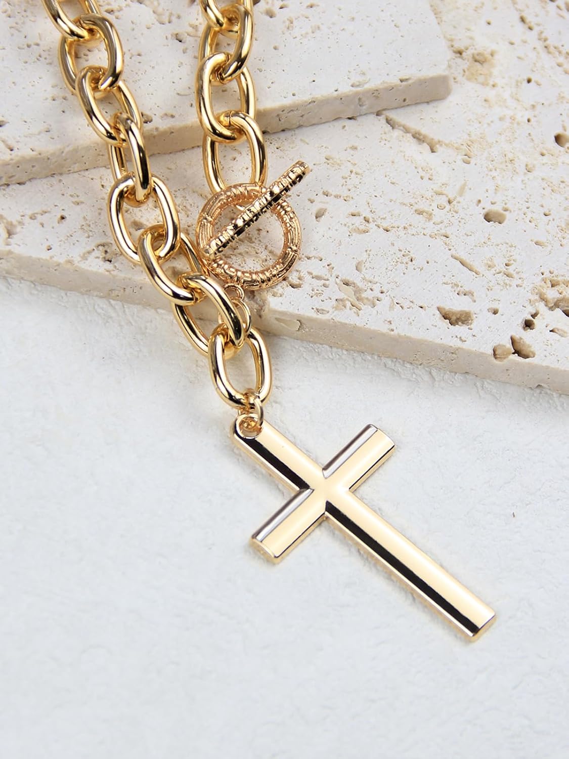 Chunky Gold Cross Necklace for Women Layered Necklace Retro Big Gold Cross Pendant Necklace Statement Chunky Chain Choker Necklaces Thick OT Buckle Chain Long Necklace Jewelry - Image 5