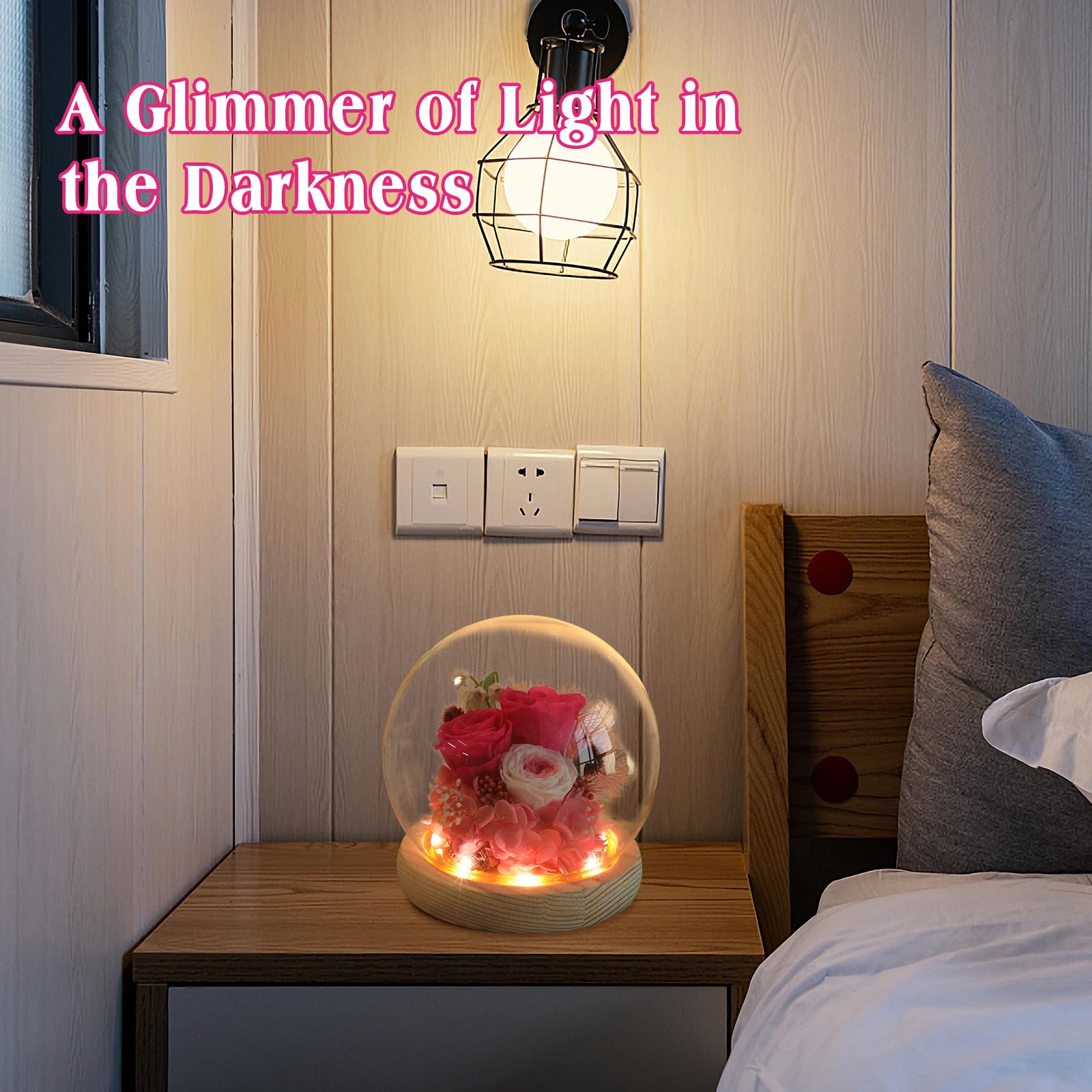 Tre Rose Eterne Conservate In Teca Di Vetro Con Base Led | Regalo Romantico Rosso | Fiore Stabilizzato Decorazione - 3