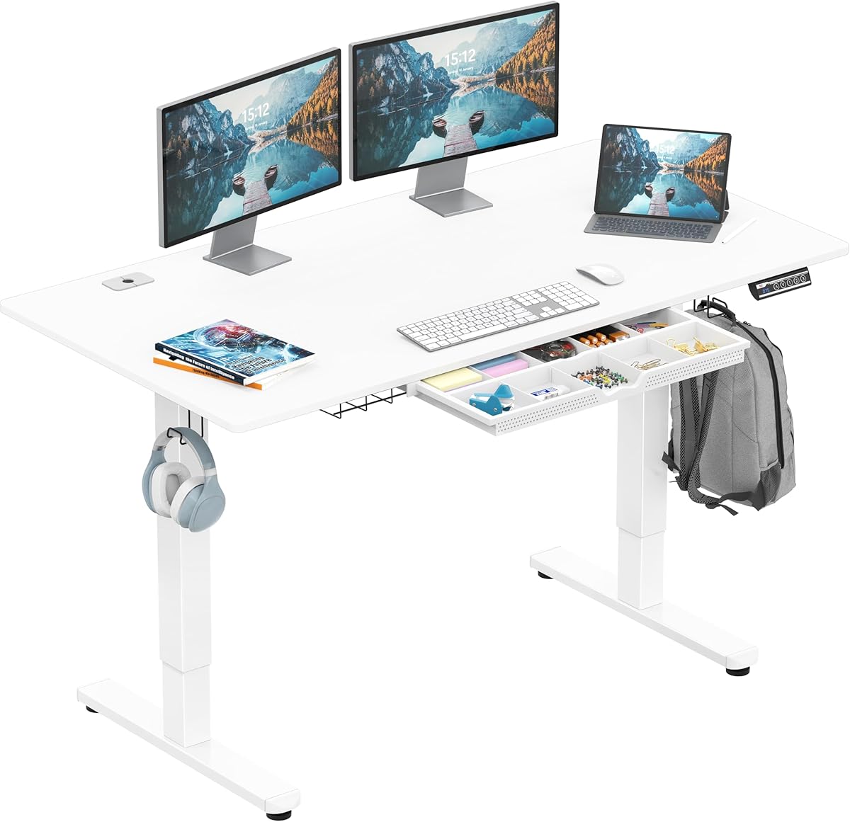 SHW 55 x 28 Inches Electric Height Adjustable Standing Desk with Drawer and Memory Preset, White