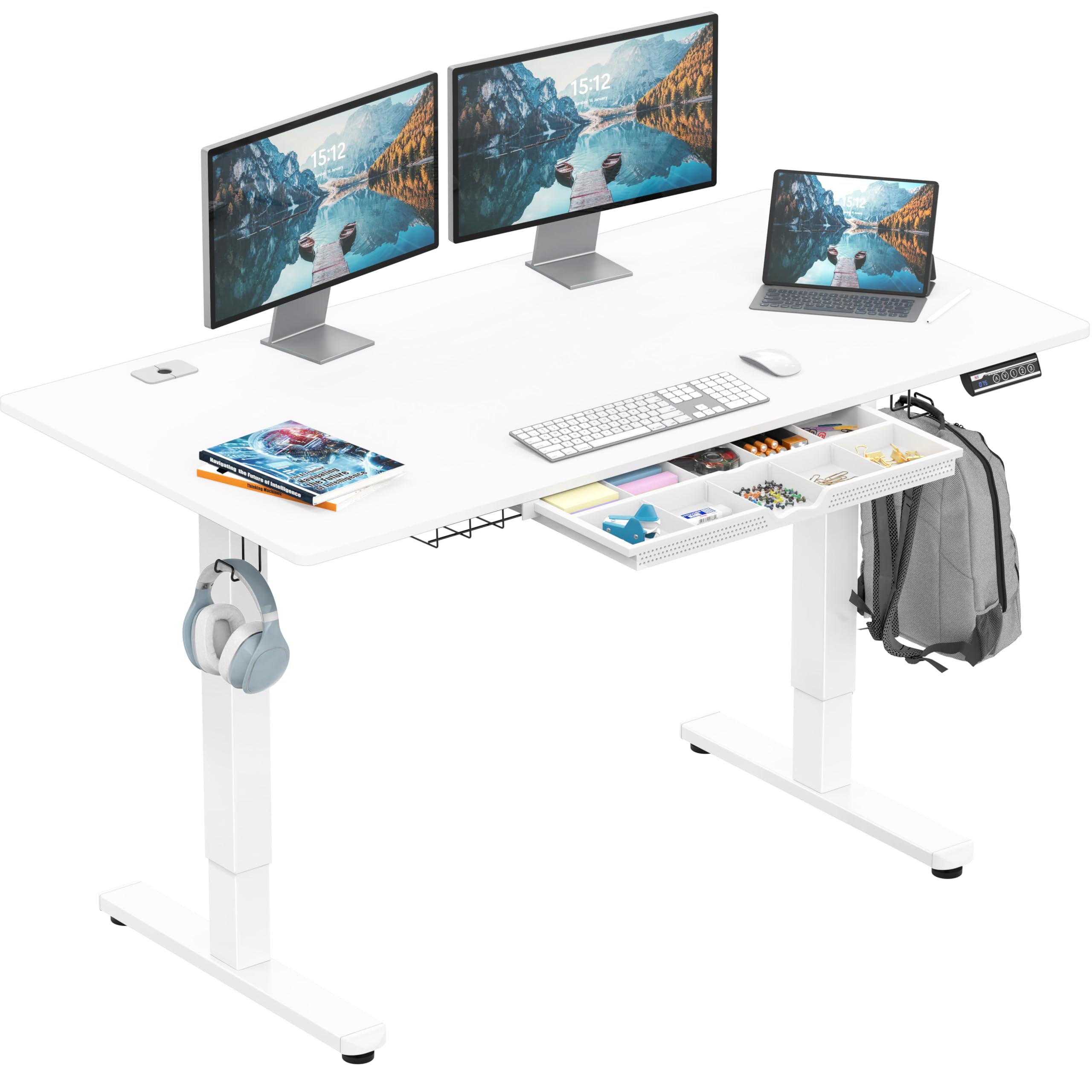 SHW 55 x 28 Inches Electric Height Adjustable Standing Desk with Drawer and Memory Preset, White