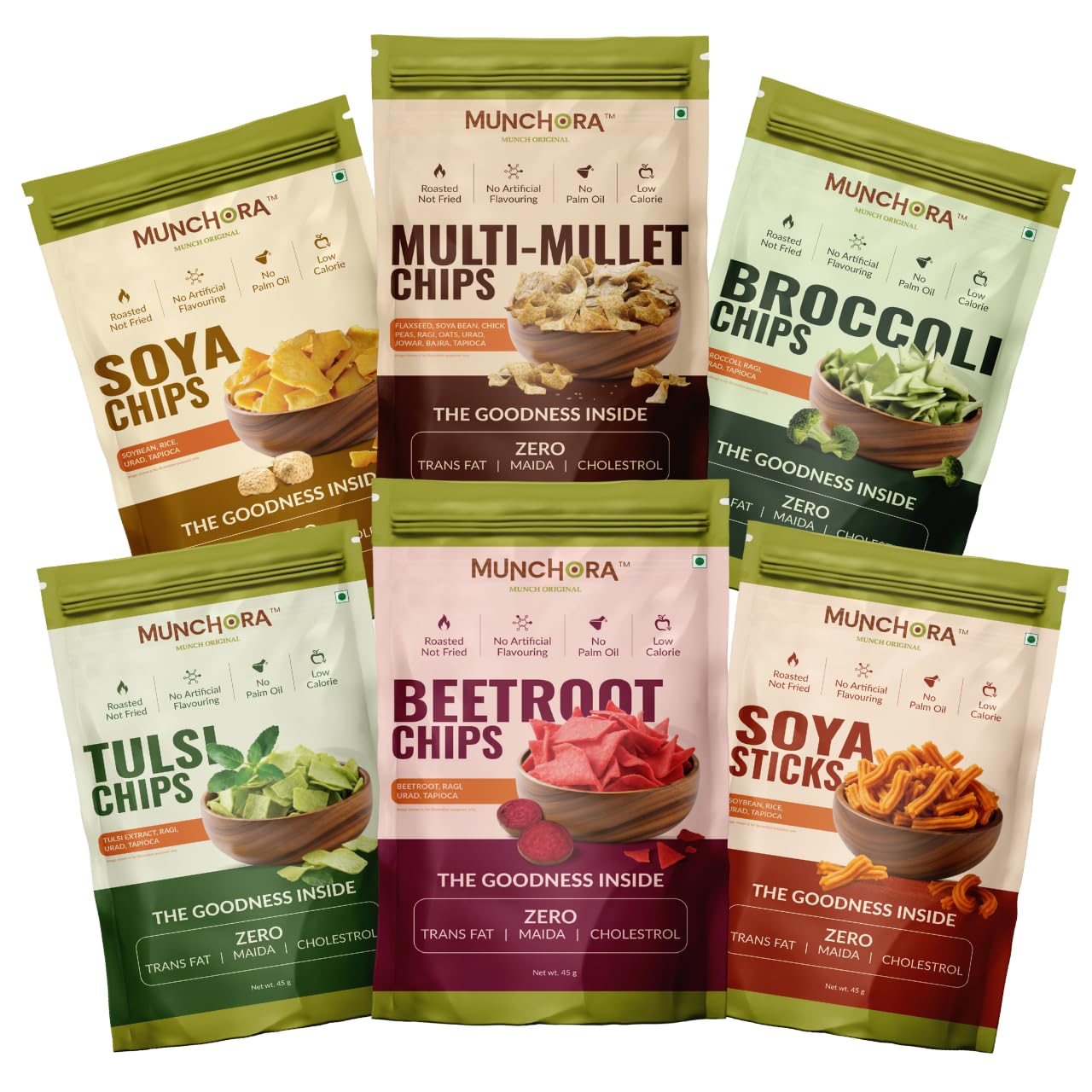 Munchora Roasted Healthy Snacks 6 Flavours Combo – Beetroot, Broccoli, Multi-Millet, Tulsi, Soya Chips & Soya Sticks | No Maida, Zero Trans Fat, No Cholesterol | Assorted Crunchy Snack Pack-image-39