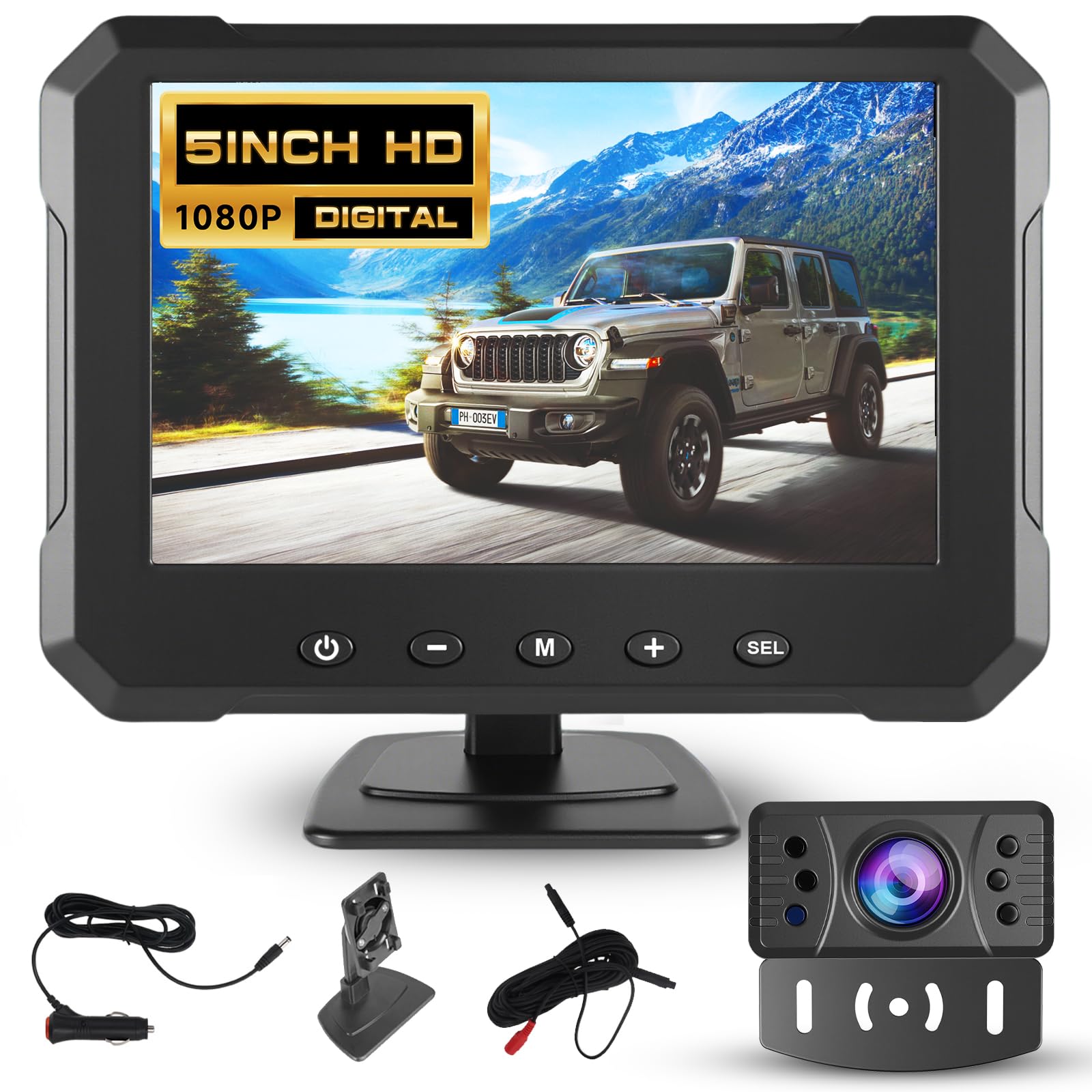Kit Telecamera Retromarcia per Auto con Monitor Digitale 5 Pollici 1080P HD Visione Notturna IP69 Impermeabile Telecamera Posteriore per Auto, Hodozzy Backup Telecamera 12V con Cavo per Camion Camper