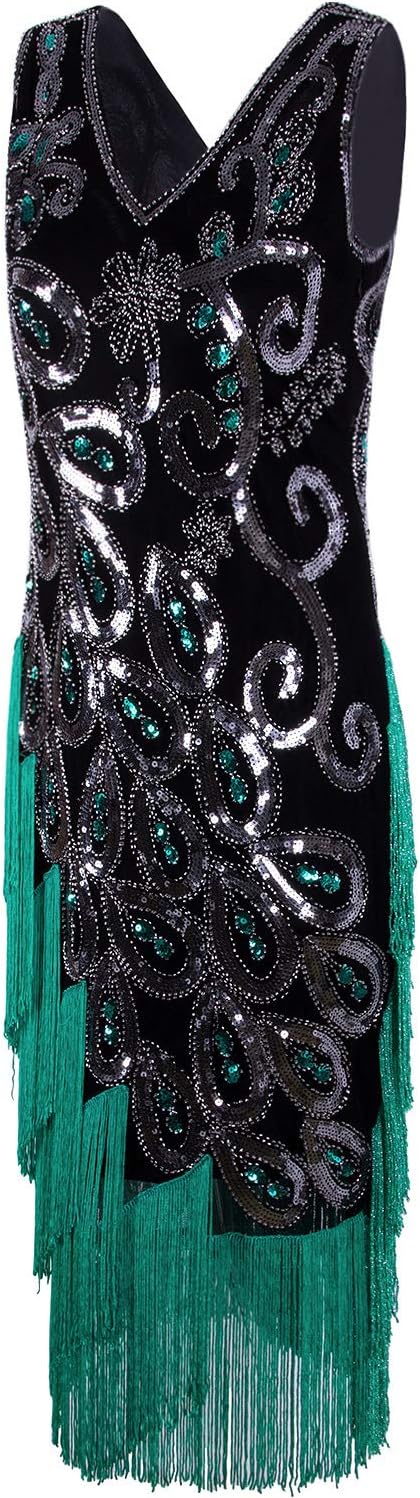 VIJIV Women's Vintage 1920s Style Peacock Sequin Roaring 20s Gatsby Party Flapper Dress - Image 3