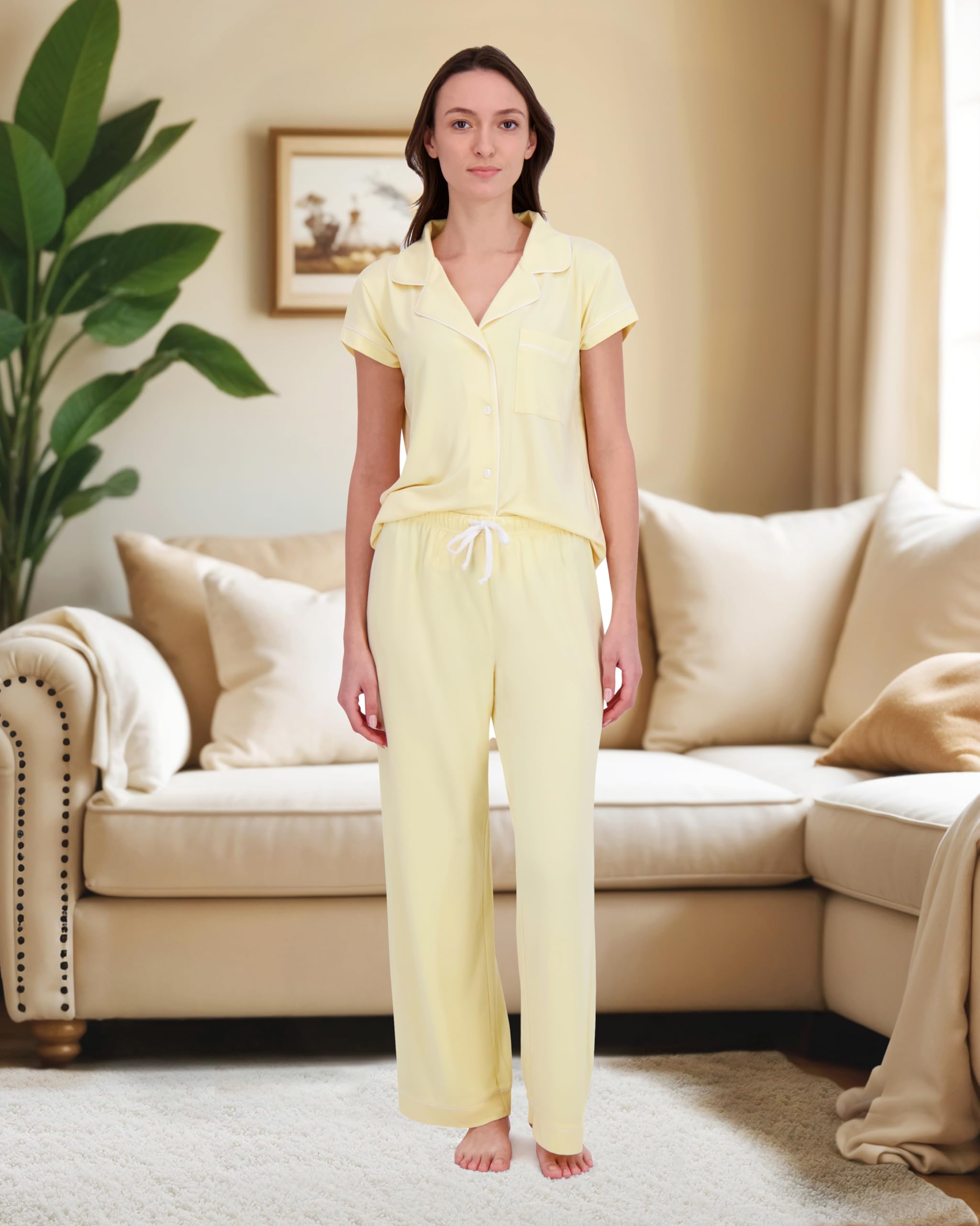 Rachel Zoe Yellow Pajamas for Women, Jersey Soft PJS, Womens Button Down Pajama Sets, Ladies Sleepwear (Yellow, X-Large)