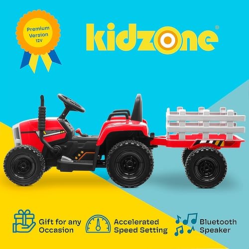Miniatura 8 de Kidzone Tractor eléctrico alimentado por batería para niños con remolque para montar en el suelo con 2 velocidades luces LED USB y Bluetooth Audio