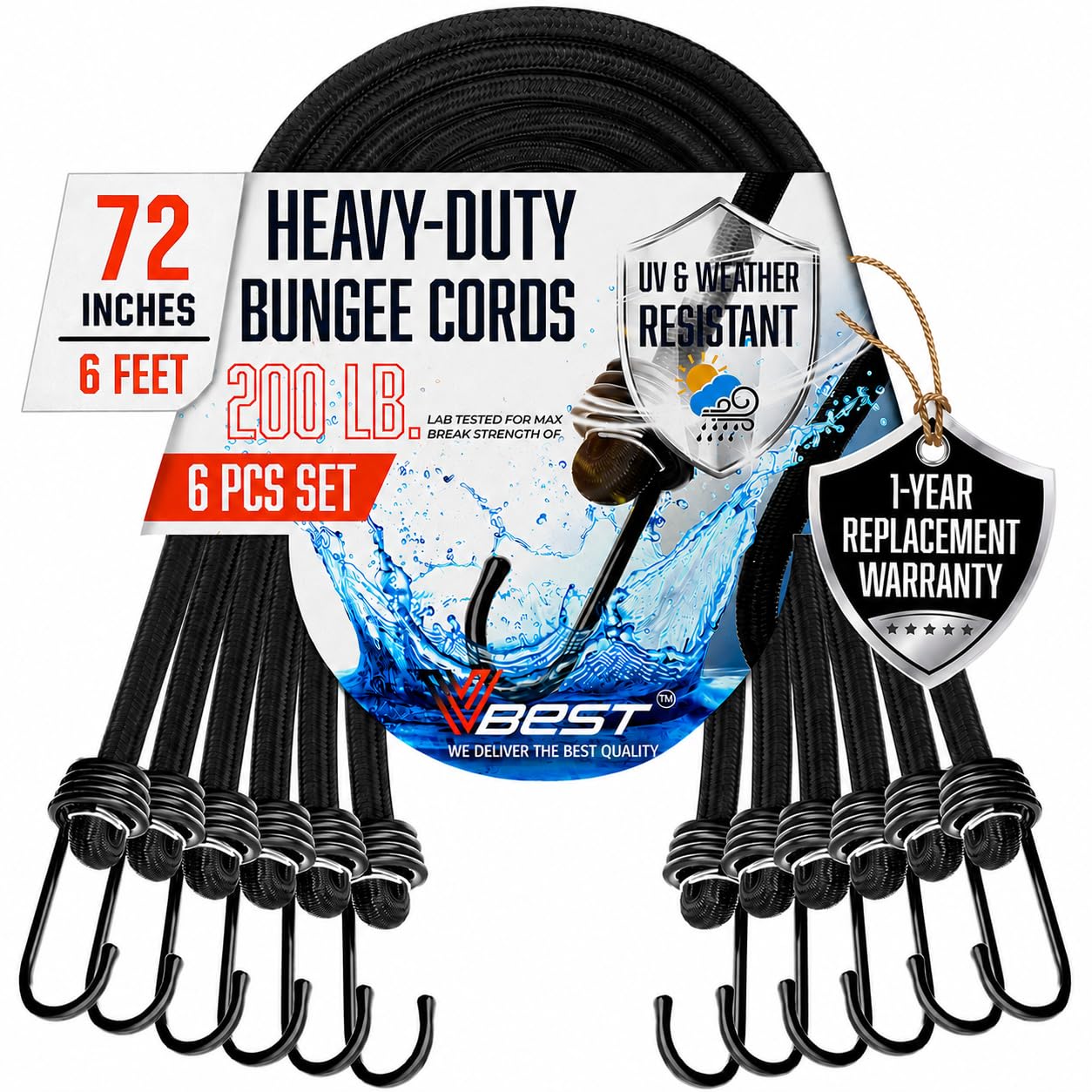 Extra Long Bungee Cords with Hooks - 6Pcs Heavy Duty Outdoor 72 Inch