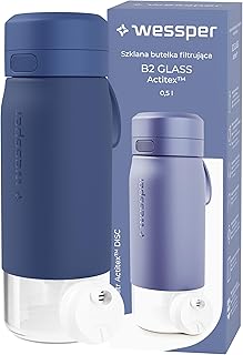 Wessper Wasserfilter Trinkflasche, Wasserflasche aut Glas 500ml,Flasche mit Filter Actitex Disc, Reduziert Chlor, Filterwechselzähler, bpa frei Trinkflasche - Blau
