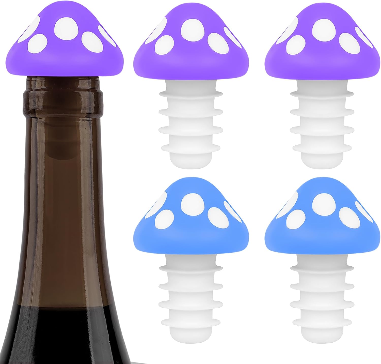 4Pcs Mushroom Wine Bottle Stopper, Cute Wine Stoppers, Reusable Silicone Beverage Bottle Stopper, Wine Beer Glass Bottle Sealer Stoppers (Blue+Purple)