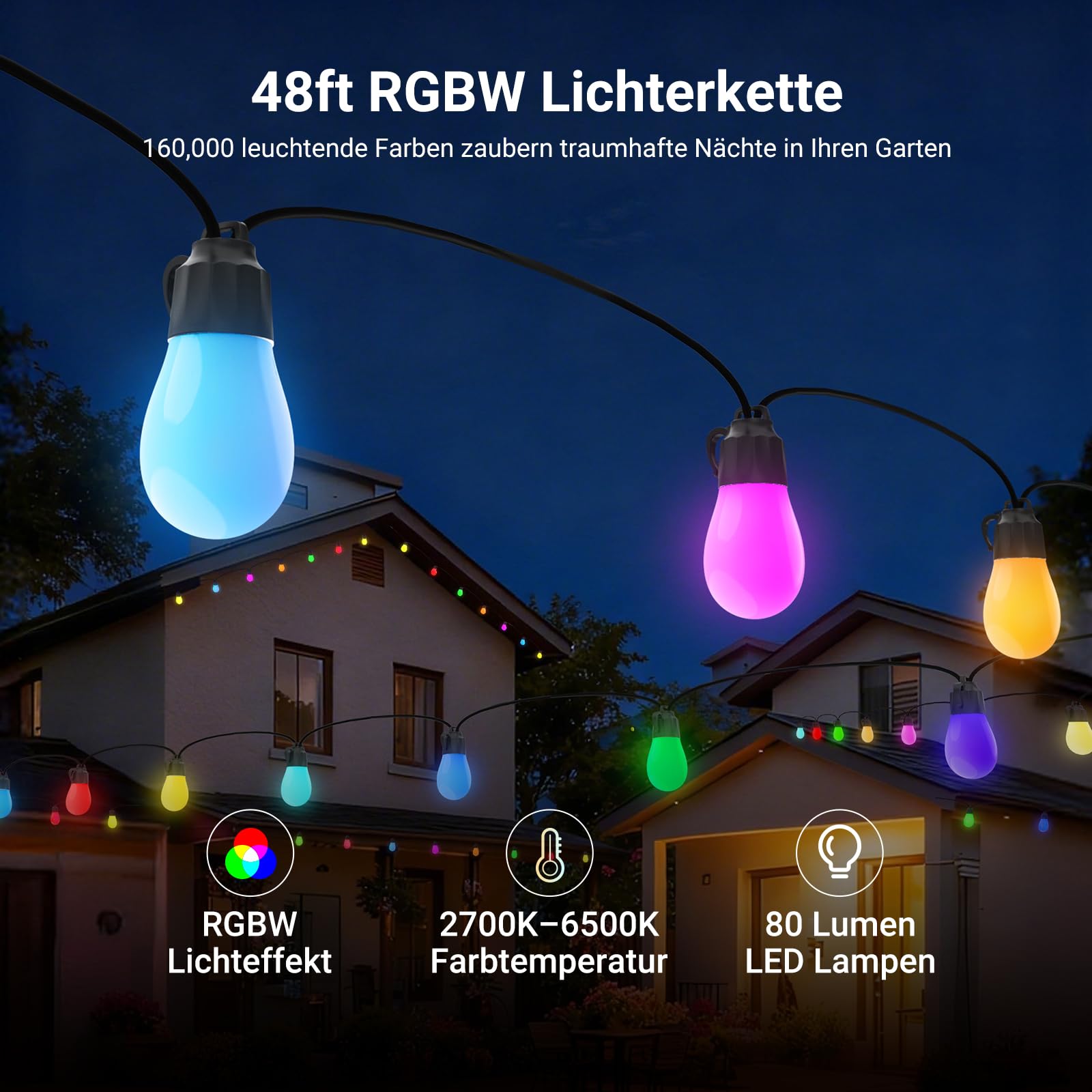 NEEWER 96ft Außen Lichterkette, App steuerbar, Smart AI RGB IC, zum Aufhängen im Freien, warmweiß, Beleuchtung für Terrasse, Balkon und Garten, wasserdicht (IP65), kompatibel mit Alexa Google, NR01
