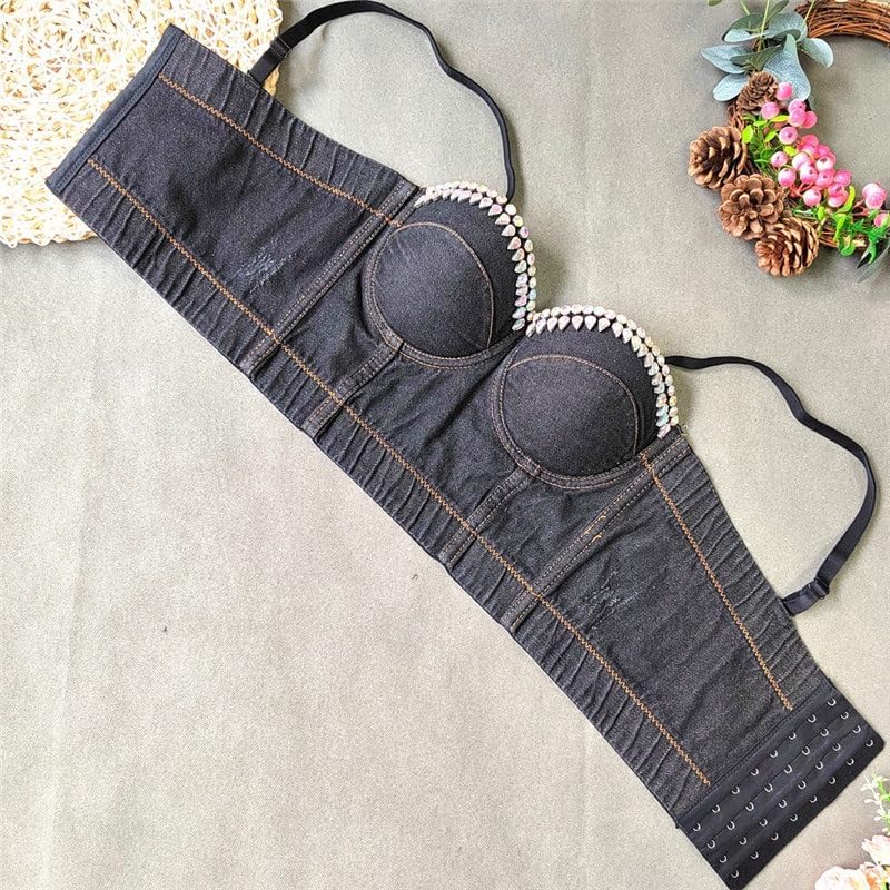 Denim Suspenders For Outer Wear And Diamond-studded Slim Tube Top Water Drop Bright Diamond Hot Girl Top Trend