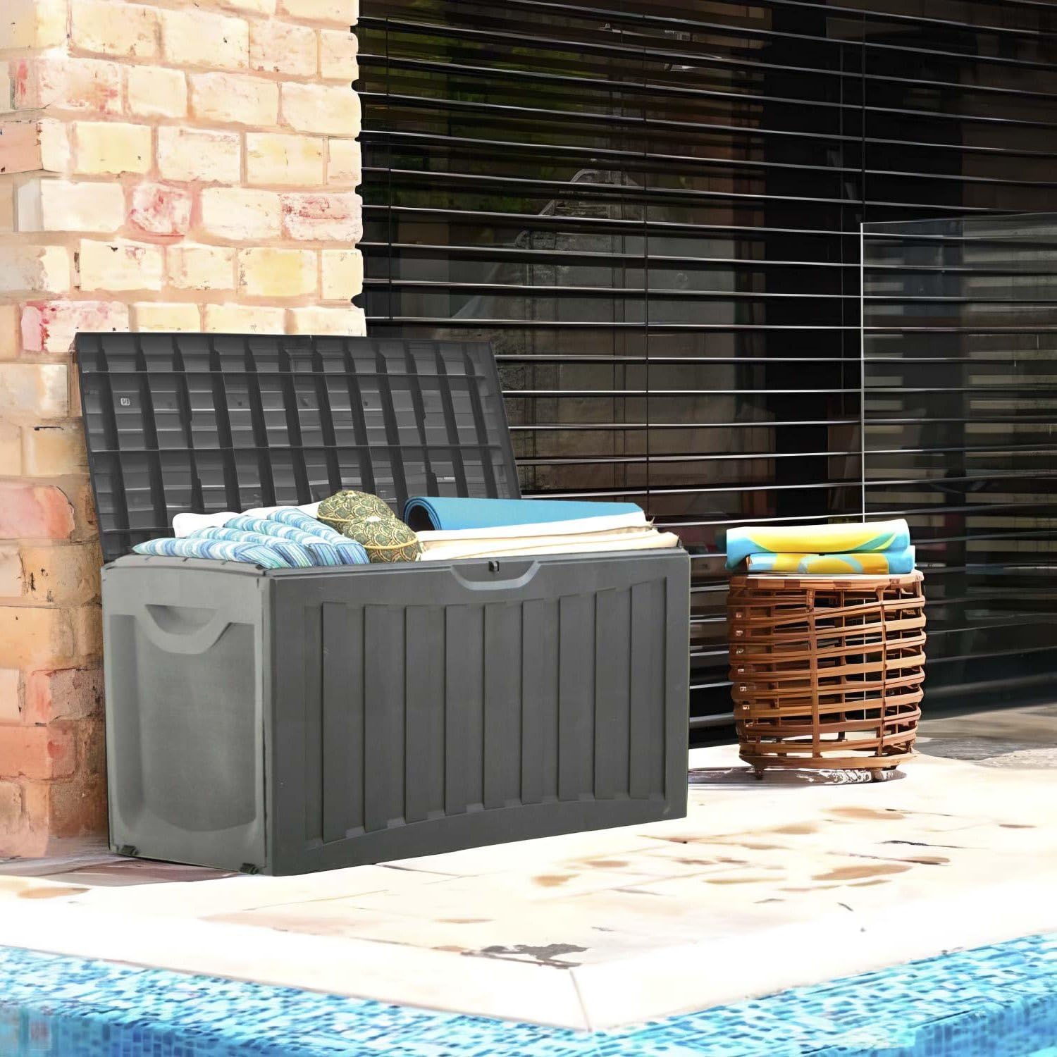 THINIA HOME Baule esterno in resina per giardino, terrazza o balcone, cassapanca impermeabile per oggetti e giocattoli, 340 litri, 118 x 53 x 57 cm