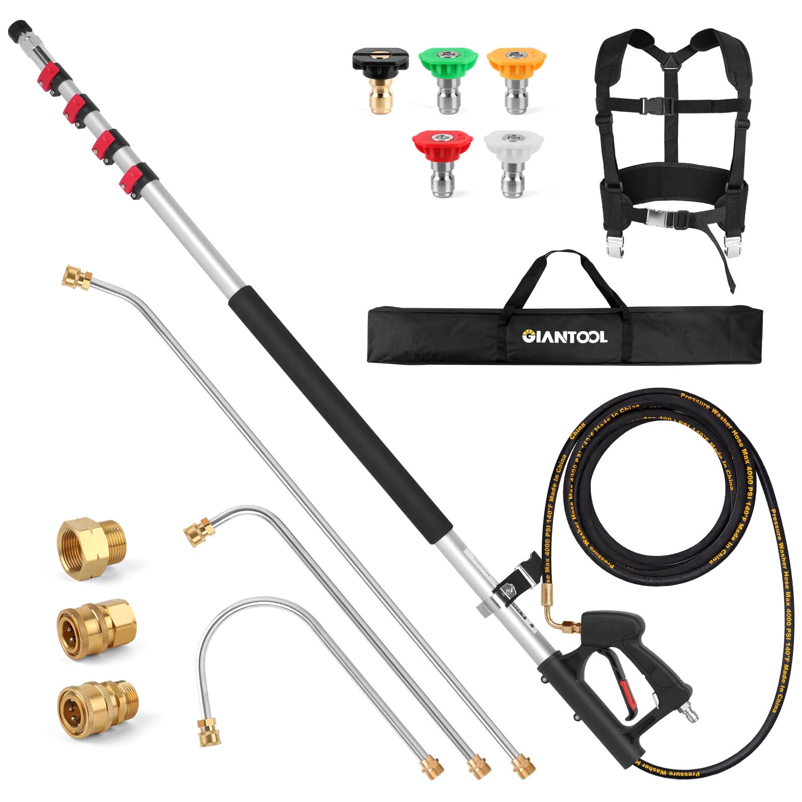 24 FT Pressure Washer Extension Wand with Telescoping Pole, Gutter Cleaner Attachment, 3 Adapters, 5 Spray Nozzles & Support Belt Power Washer Extension Wand for Wall Roof Gutter