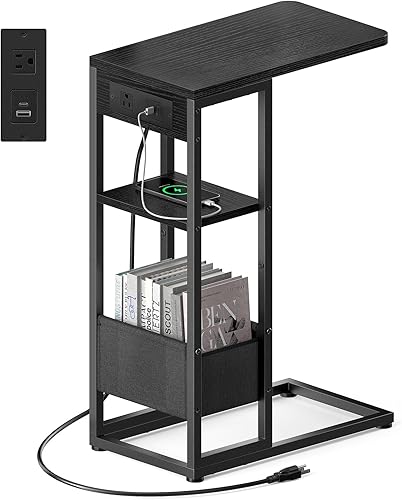 Miniatura 10 de Mesa auxiliar en forma de C, mesa lateral pequeña para sofá, reclinable, bandeja deslizable debajo del sofá, mesas de aperitivos con bolsa de Marrón