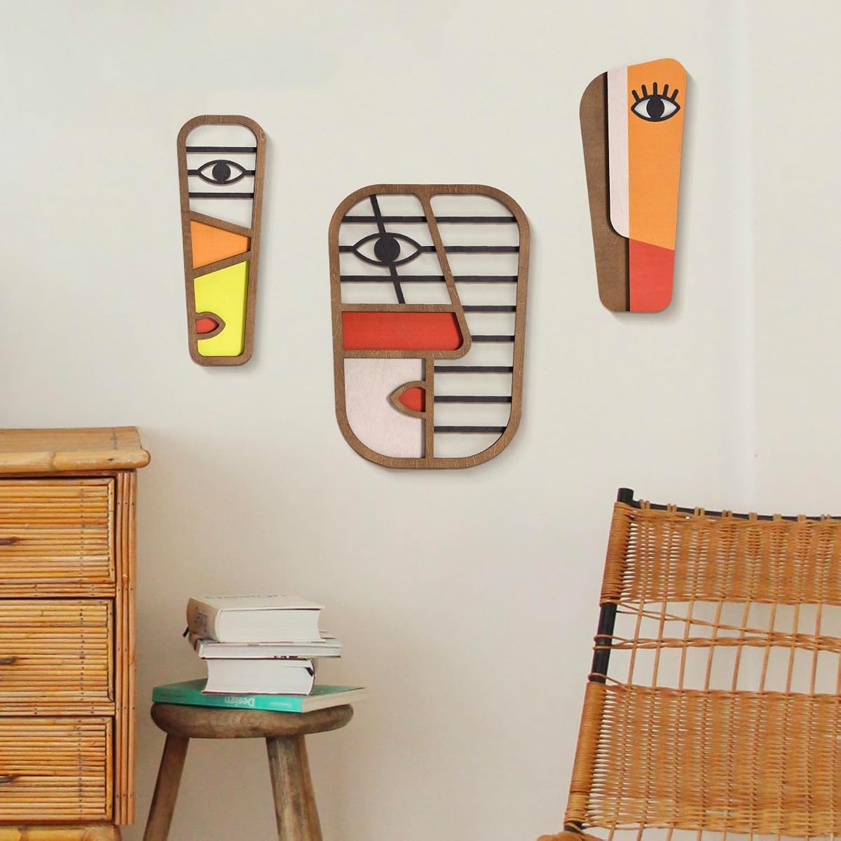 Decoración abstracta de madera para pared de Picasso, máscara minimalista moderna, decoración de pared para el hogar, arte pop vintage para dormitorio, baño, sala de estar (3 piezas)
