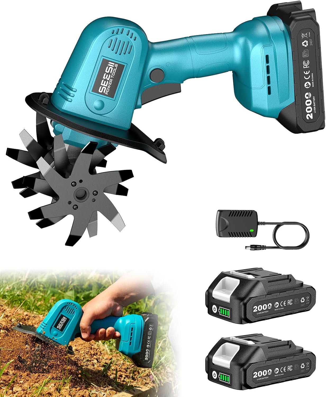 Mini Cordless Tiller Cultivator, 20V Electric Rototiller for Gardening | Lightweight 2.6 lbs, 2 x 2.0Ah Batteries, 4″ Width × 4″ Wepth, Ideal for Raised Beds, Lawn, Gardening, Soil Cultivation