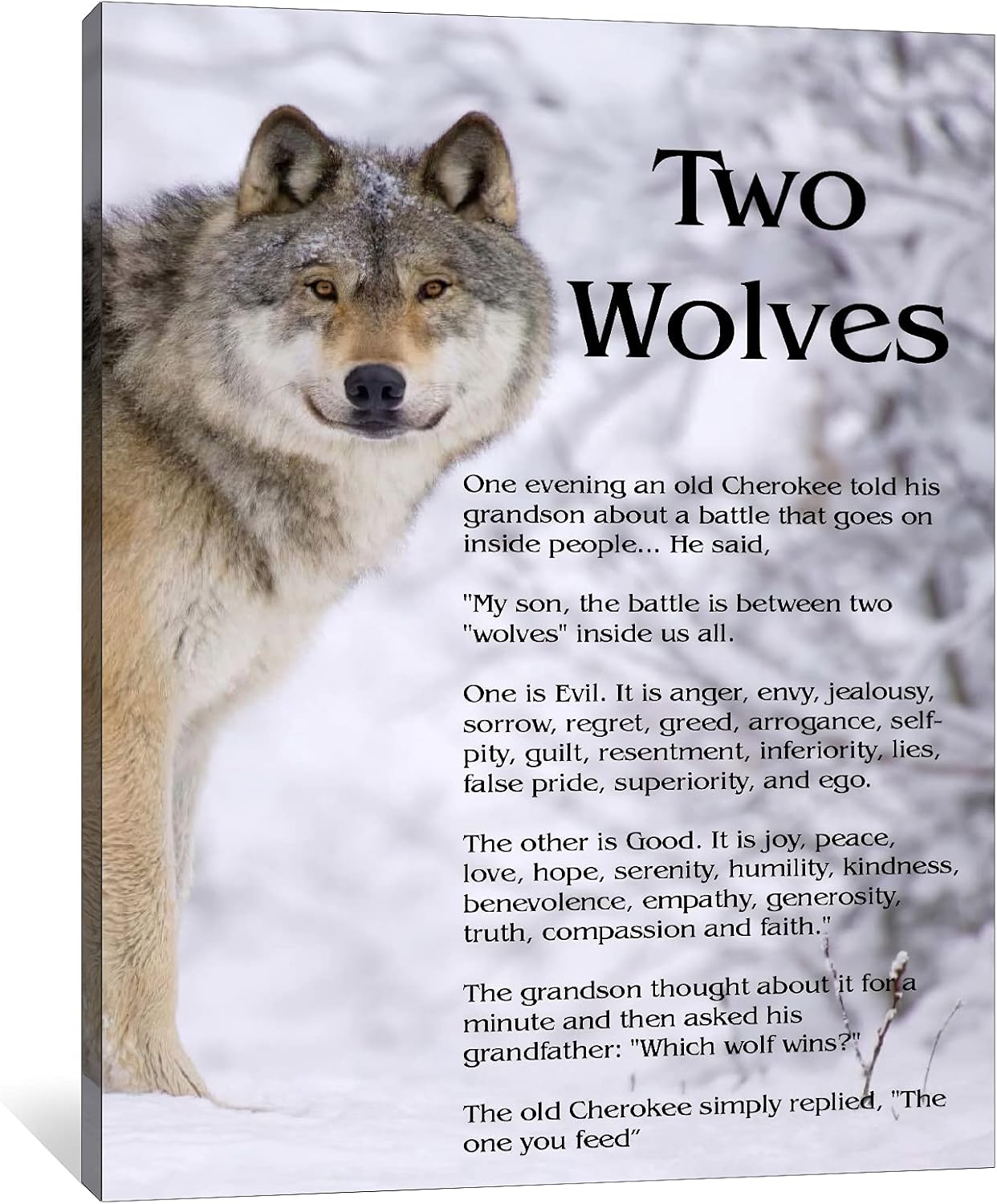 Wolf Wall Art Canvas Framed - Motivational Quotes Wolf Pictures Wall Decor Canvas Prints for Office Walls, Wolves Decor The Tale of TWO WOLVES Artwork for Bedroom Ready to Hang 12x18 Inches