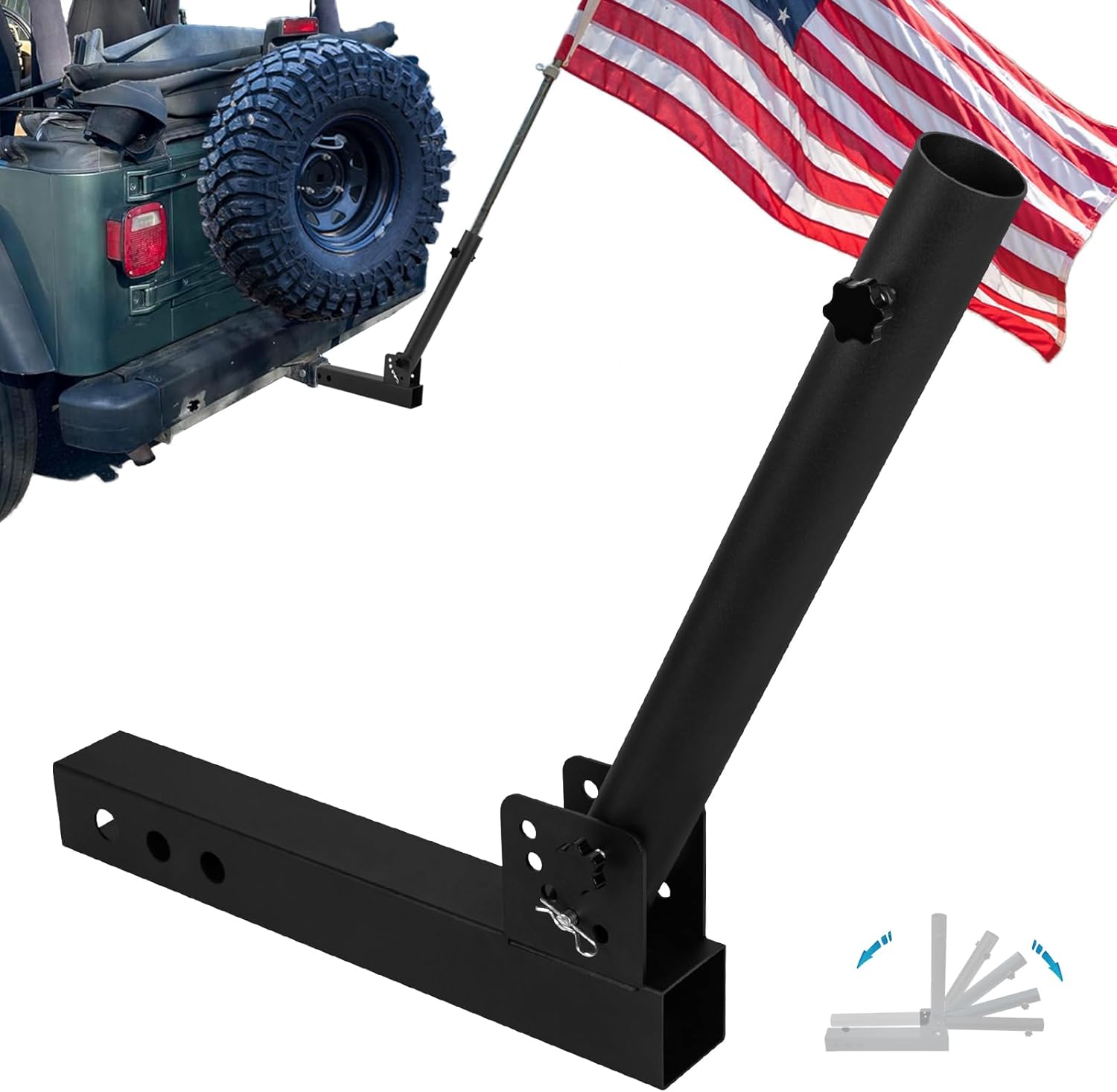 Hitch Flag Pole Holder, Universal Trailer Hitch Flagpole Mount for All 2 Inch Hitch Receiver, Angled Flag Pole Holder Fit for Truck, SUV, RV, Pickup, Jeep, Camper