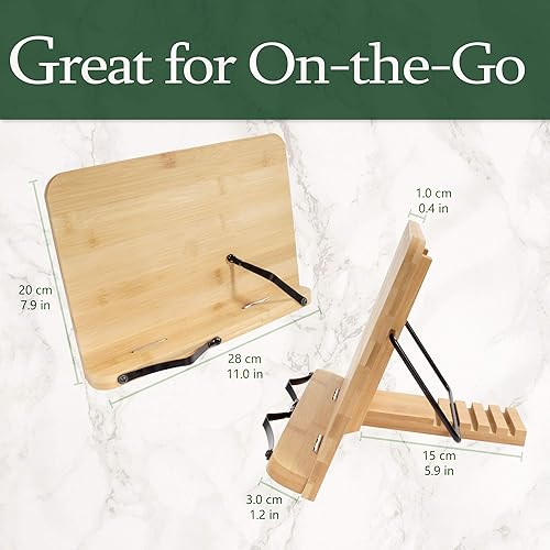 Vista 33 de BambooMN Soporte universal de bambú para libros de cocina, lectura, teléfono celular, arte, partituras, tableta, portátil y plegable con inclinación