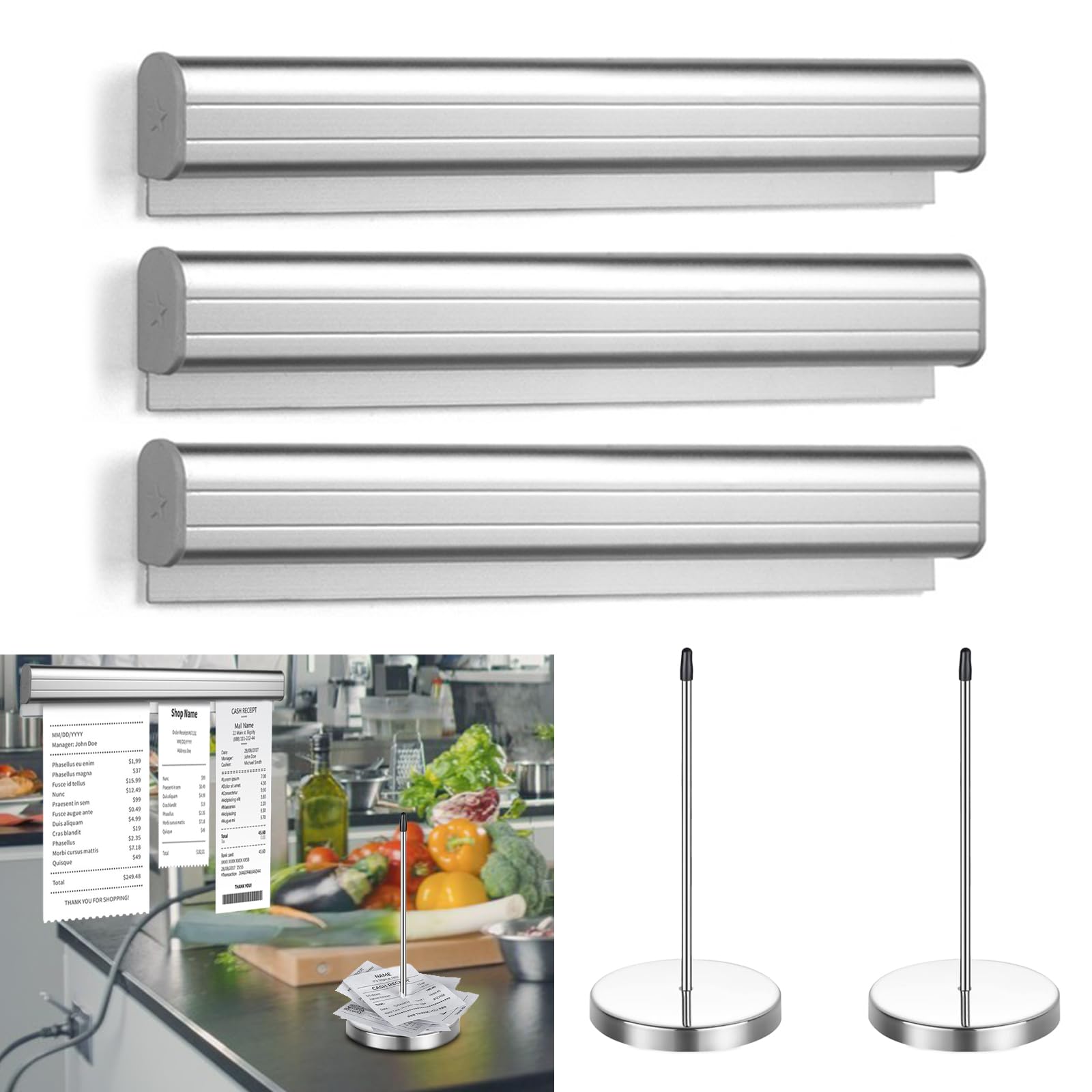 Lot de 3 Porte-bonbon gastronomie,40 cm Barre de serrage en alliage d'aluminium Auto-adhésif, tickets muraux avec pointes et base en métal