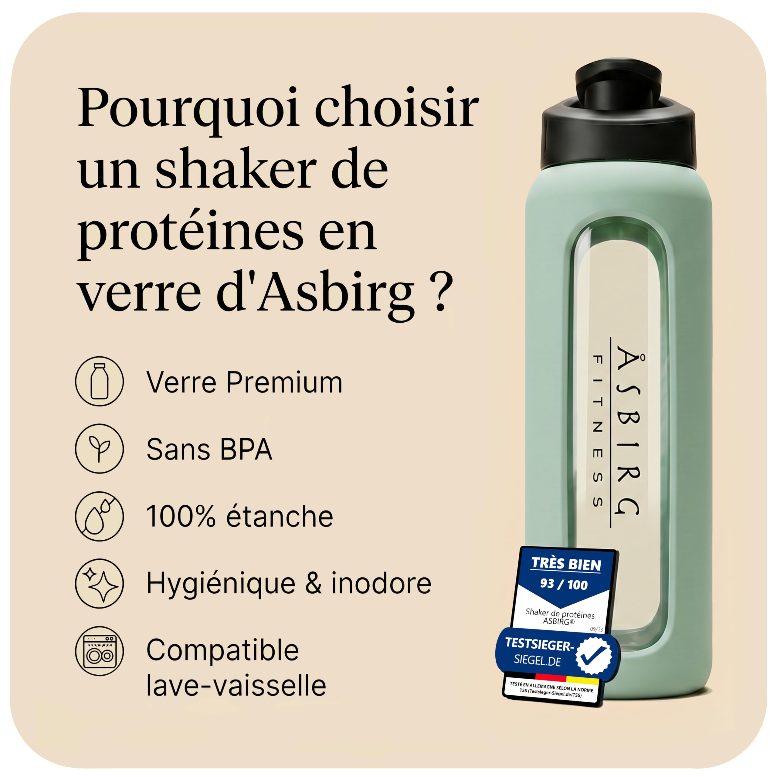 Shaker Protéines en Verre Trempé - 700ml Gourde avec Boule Mélangeuse | Étanche, Sans BPA & Résistant | Vert Pastel