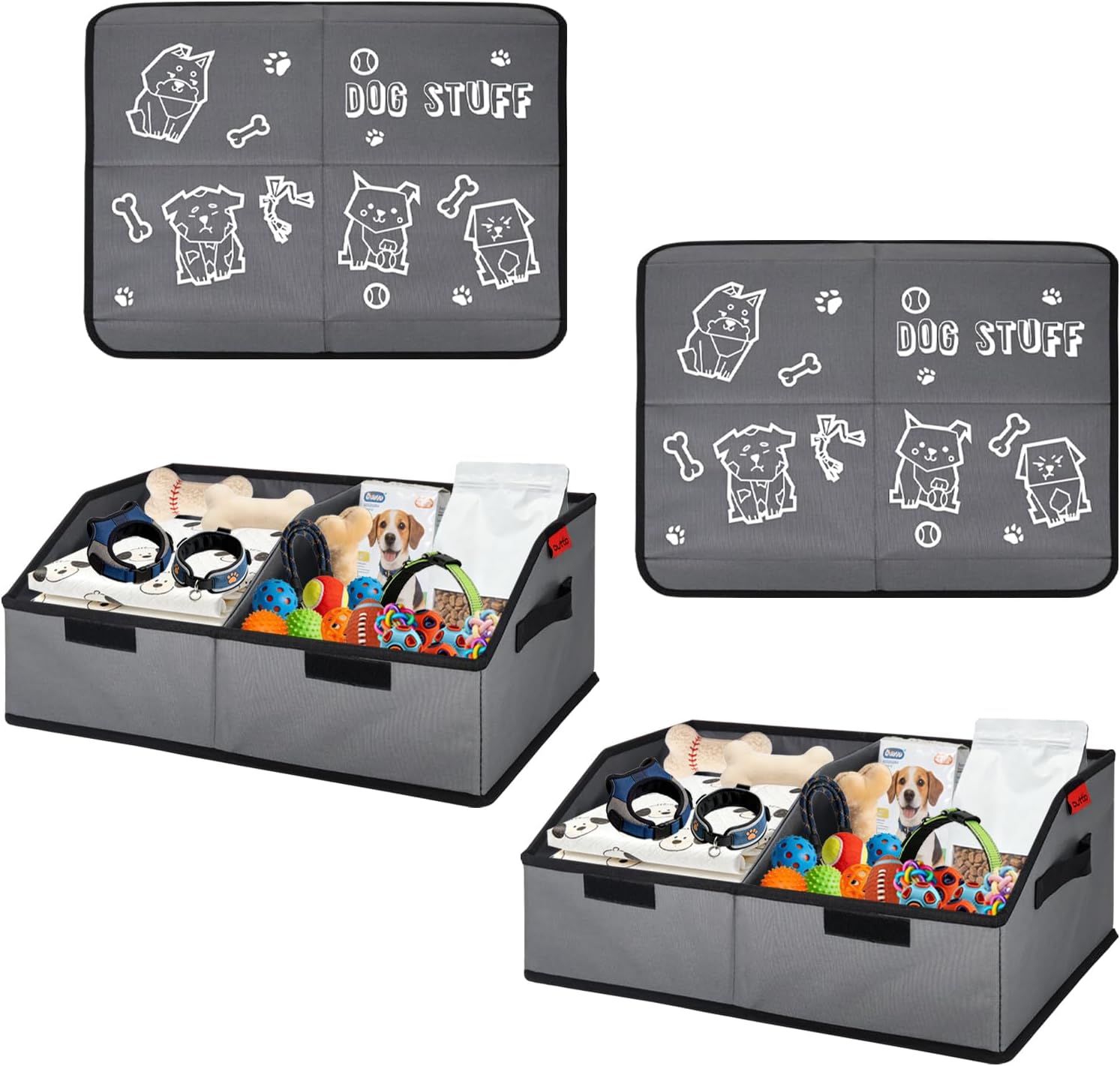 Sturdy Removable Divider Dog Toy Basket with Lid, 19" Collapsible Pet Storage and Handle，600D Cute Living Room Puppy Organizer for Pet Toys, Blankets and Accessories - Grey 2 Pack