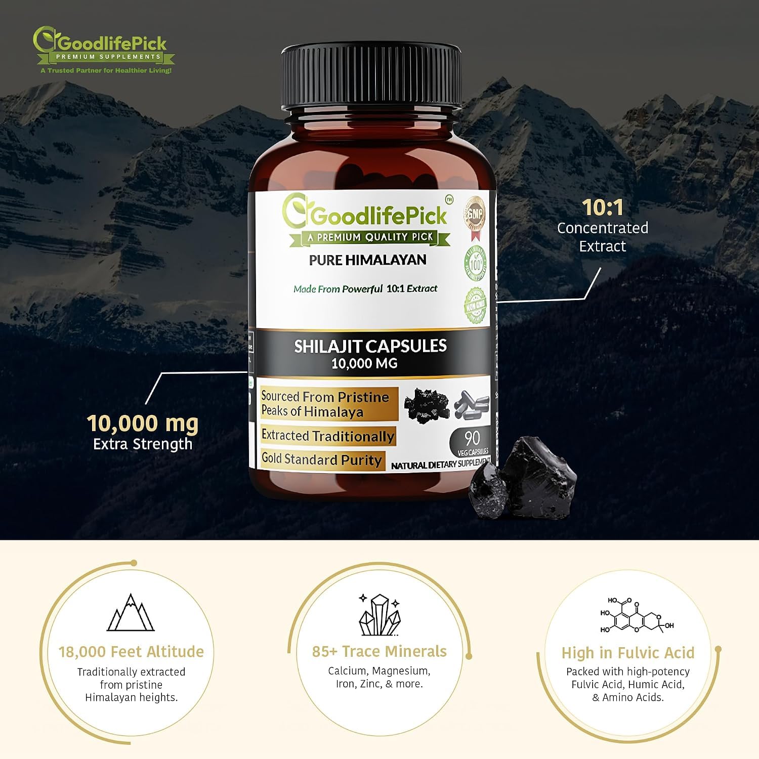 Pure Himalayan Shilajit Capsules.Maximum Strength Natural Shilajit Rich in Trace Mineral & Fulvic Acid.High Altitude Sourcing. Vegan NonGMO 90ct. Extracted Traditionally No Stearate No Rice Flour — Amazon image 2