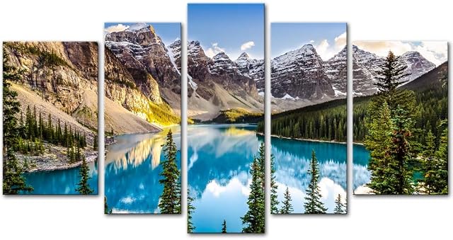 5 Pieces Modern Canvas Painting Wall Art The Picture for Home Decoration View of Moraine Lake Banff National Park Canada Landscape Mountain&Lake Print On Canvas Giclee Artwork for Wall Decor