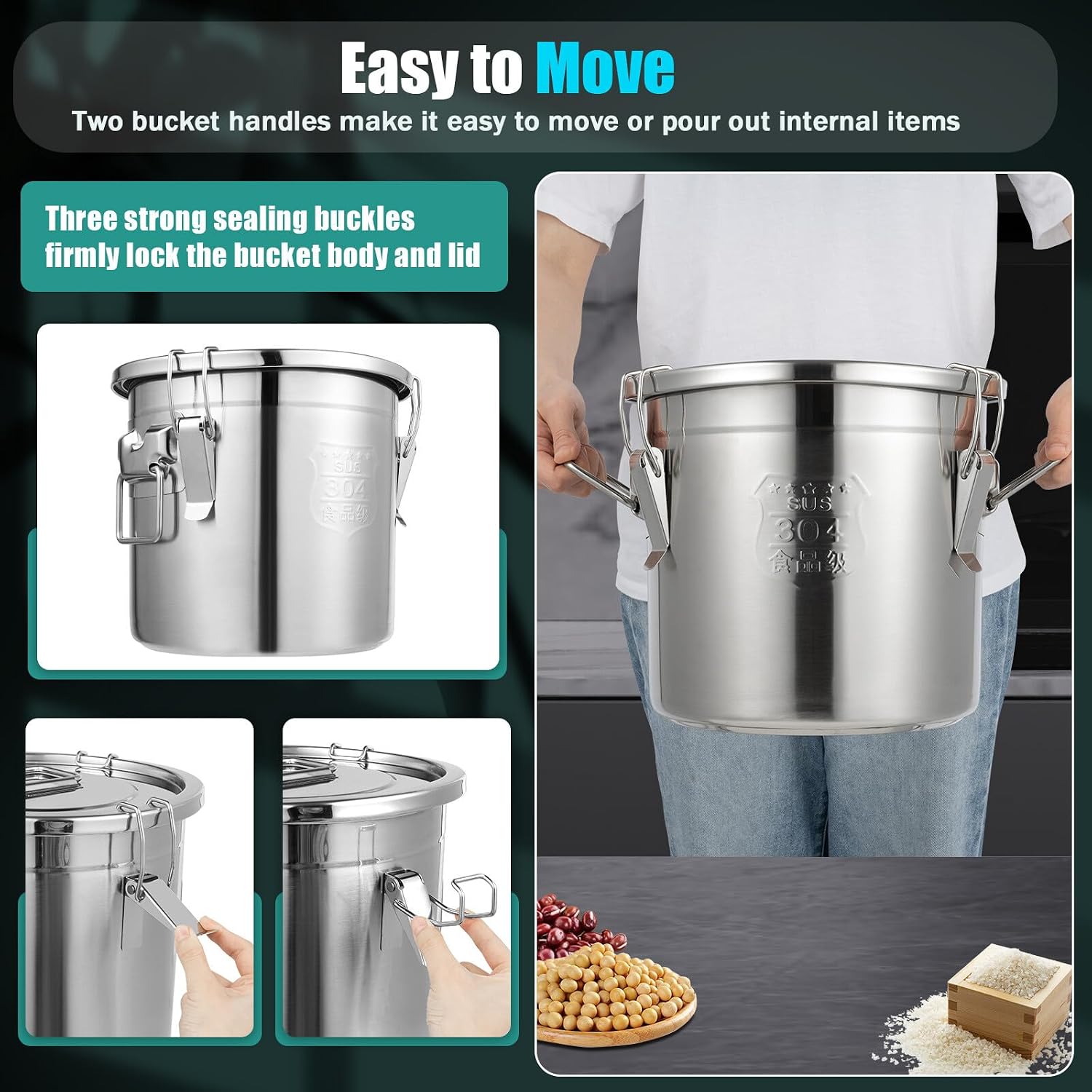 304 Stainless Steel Airtight Canister for Kitchen, 12L/2.64Gal Food Storage Container with Lid and Locking Clamp, Metal Bucket for Rice, Flour, Grain, Coffee Bean, Sugar, Cookie