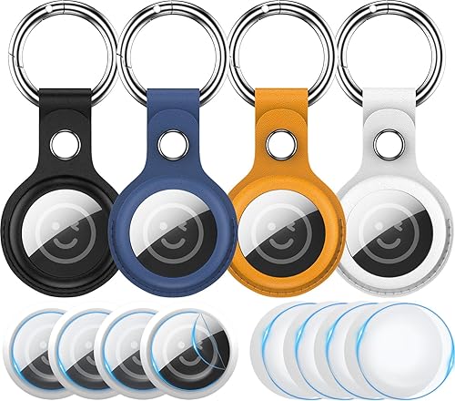 RFUNGUANGO Llavero para Airtags, paquete de 4 unidades, funda de piel para mujeres, hombres y niños con Apple Air Tag GPS Tracker buscadores de