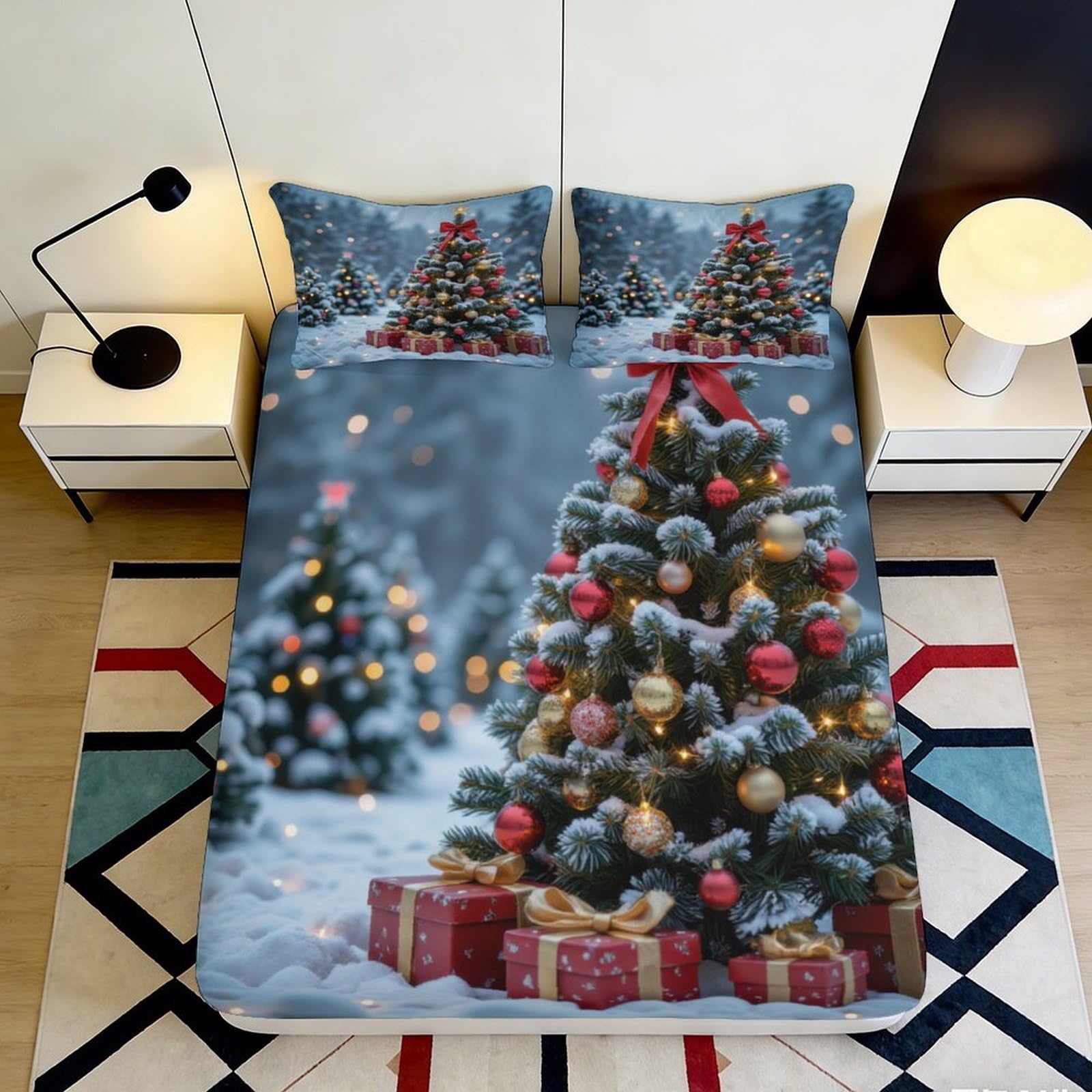Rqzkjxnhpf Style-7 3D Printed Christmas Tree Fitted Sheet Microfiber Deep Pocket Non-Slip Bedroom Bedding Christmas Tree Mattress Fitted Cover 200X200x25cm 90X200x25cm