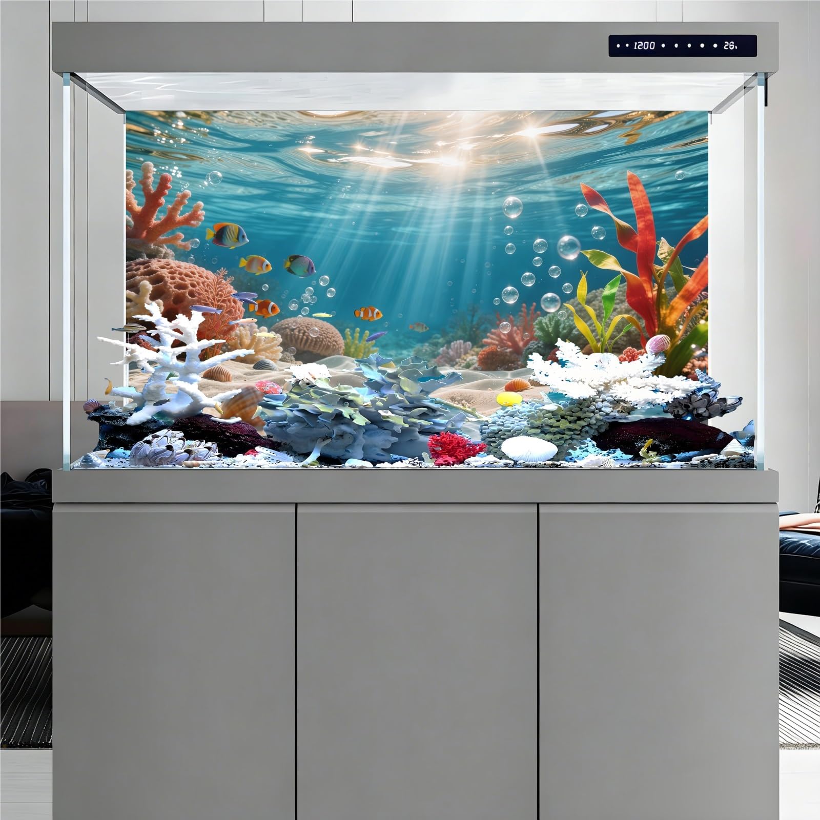 Adesivo for Pittura Acquario con Effetto 3D | Alghe bolle di sole, pittura di sfondo for acquario, autoadesivo frontale, ornamenti paesaggistici(60X40cm-23.6X15.8in)