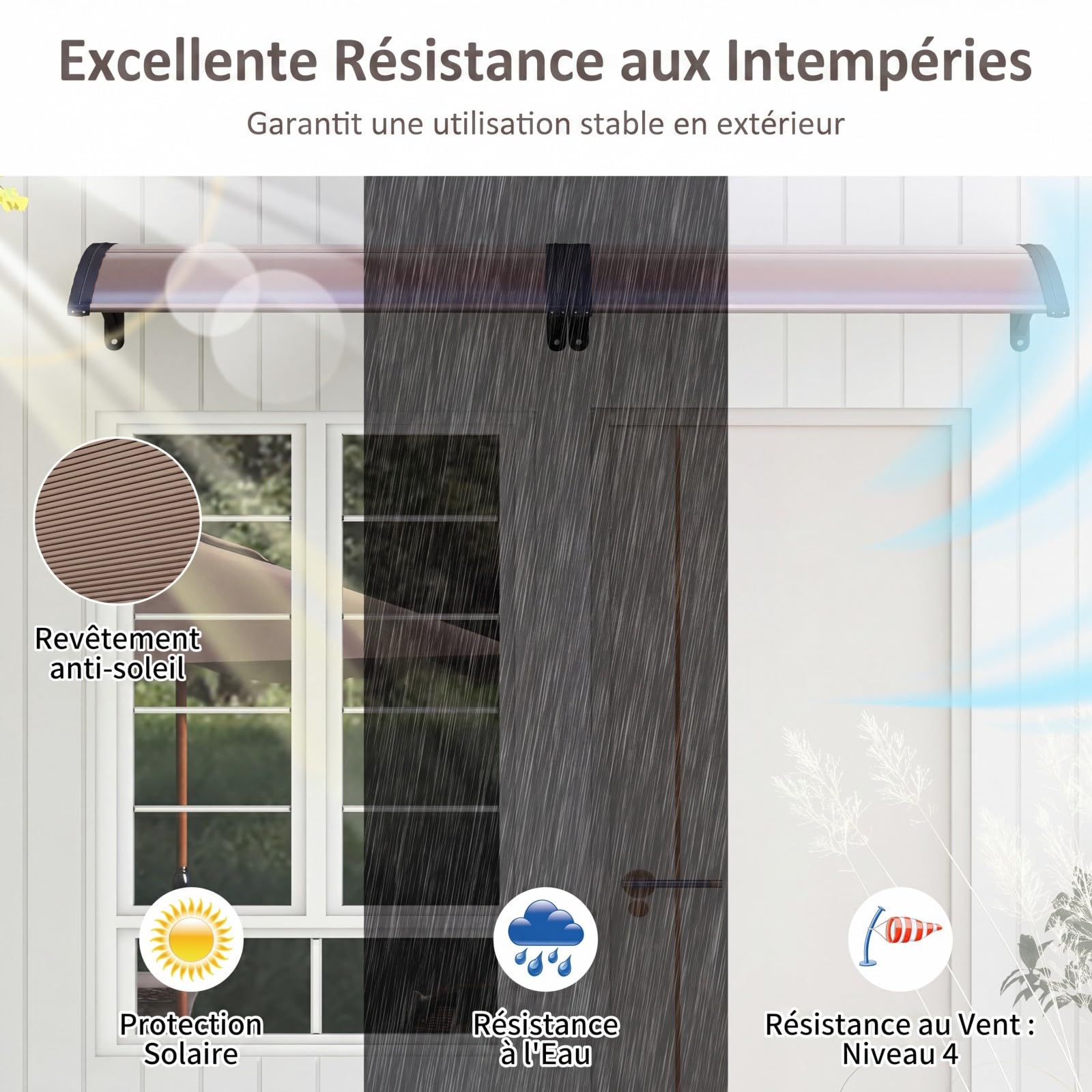 COSTWAY Auvent de Porte d'Entrée 100,5 x 75.5 cm, Marquise de Porte Extérieur en Aluminium, Protection Solaire Contre Pluie, Panneau Double Couche avec Revêtement, pour Fenêtre Café (Brun)