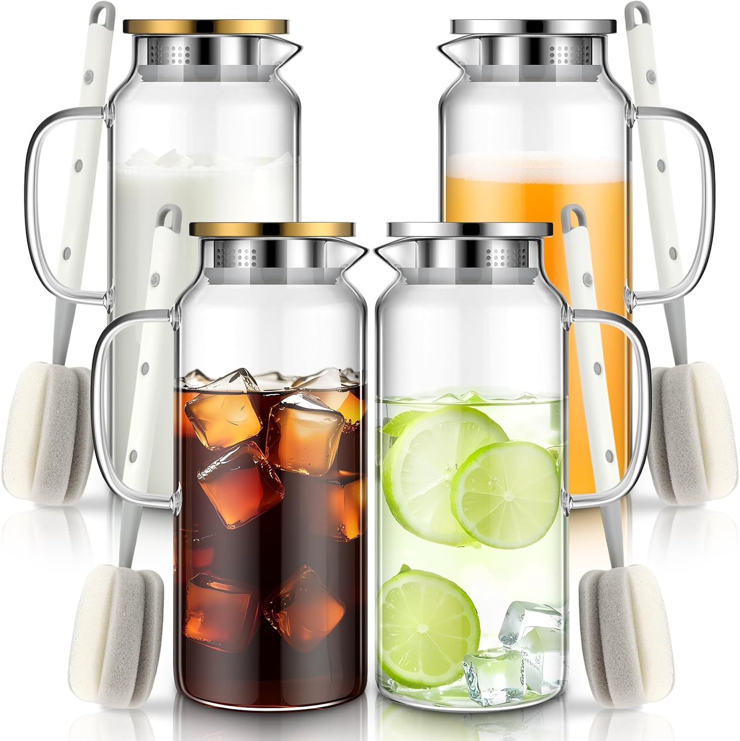 Maxdot 4 Pcs 2 Liter 68 oz Glass Pitcher with Lid and Spout Fridge Glass Carafe Hot/cold Water Large Iced Tea Pitcher for Coffee Juice Homemade Beverage with 4 Long Handled Brush Included