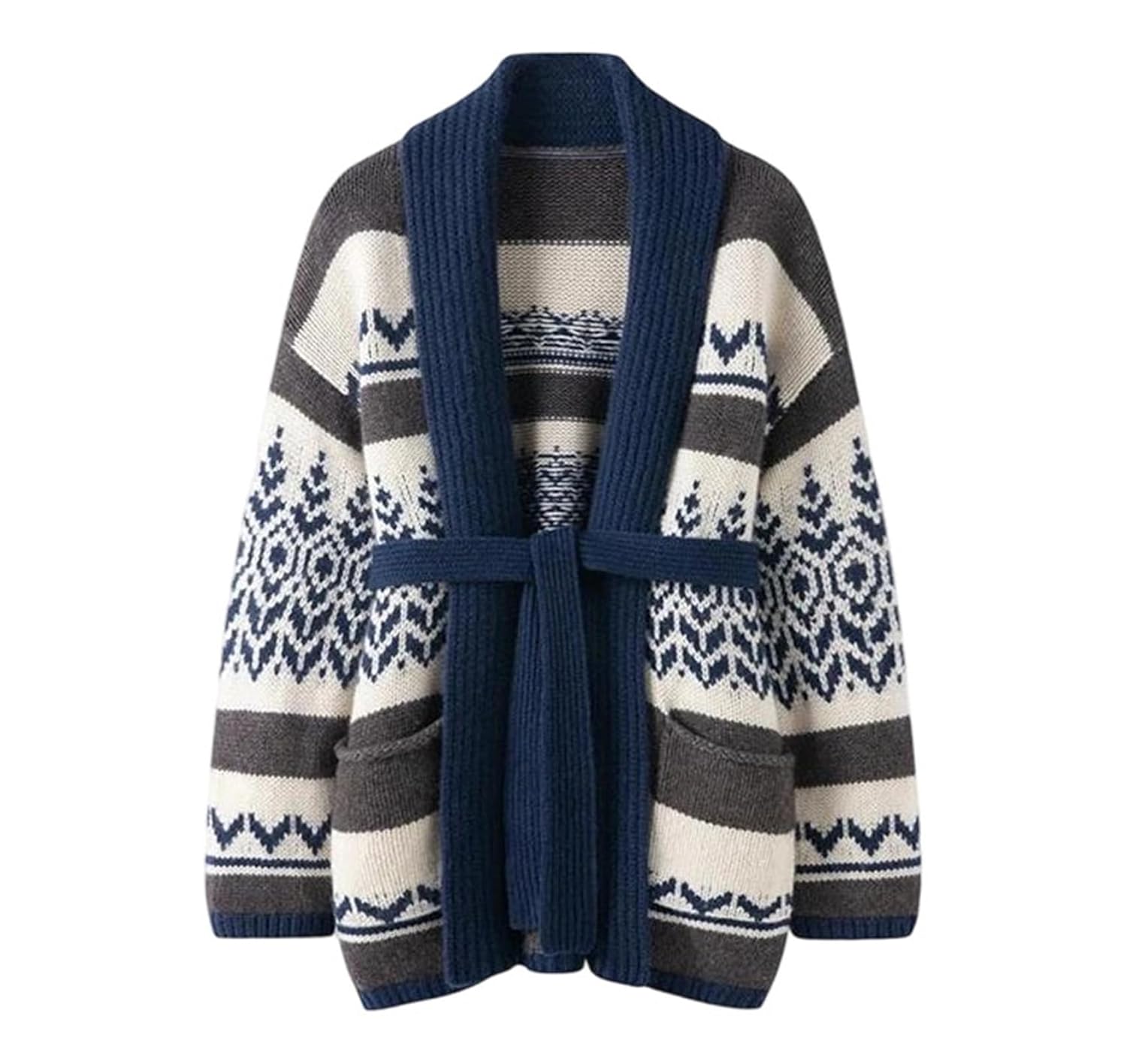 Womens Thick Cashmere Fair Isle Cardigan Coat Winter Vintage Style Knit Sweater with Sash Soft Warm Outerwear