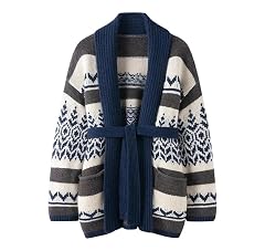 Womens Thick Cashmere Fair Isle Cardigan Coat Winter Vintage Style Knit Sweater with Sash Soft Warm Outerwear